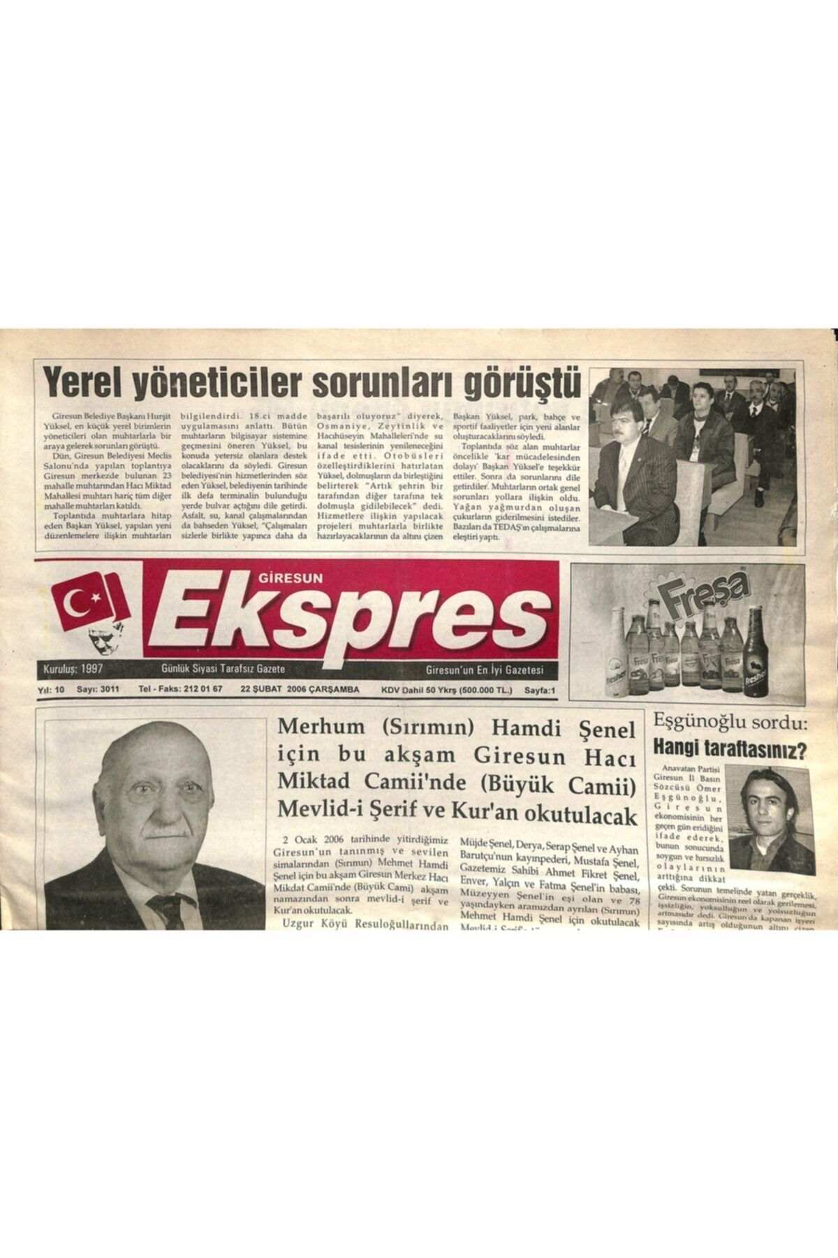 Gökçe Koleksiyon Giresun Ekspres Gazetesi 22 Şubat 2006 - Hamdi Şenel Için Kuranı Kerim Okutulacak