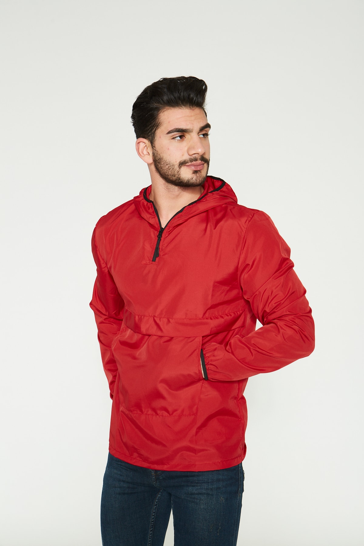 GİRGİNHOME Erkek Kırmızı İnce Kanguru Cep Yağmurluk