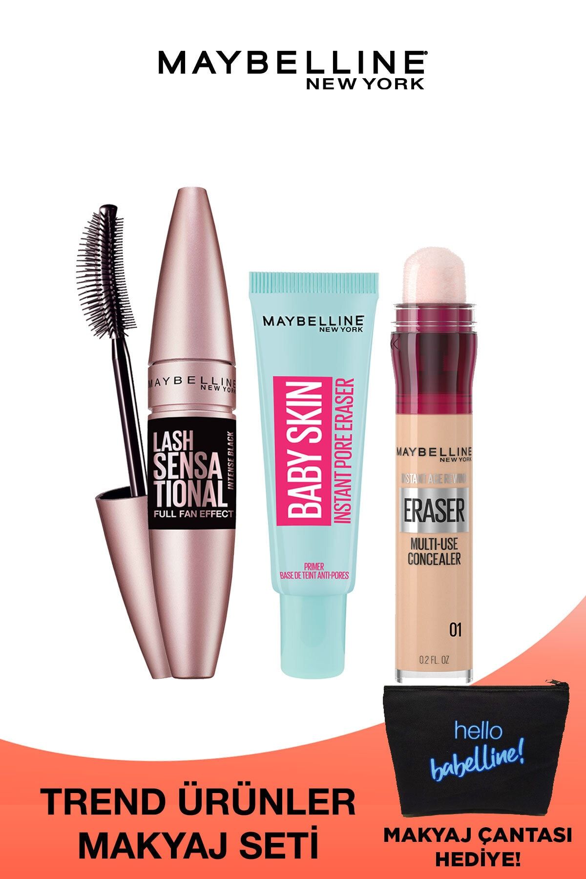 Maybelline New York Lash Sensational Ekstra Siyah Maskara &  Instant Anti Age Eraser Kapatıcı & Baby Skin Makyaj Bazı