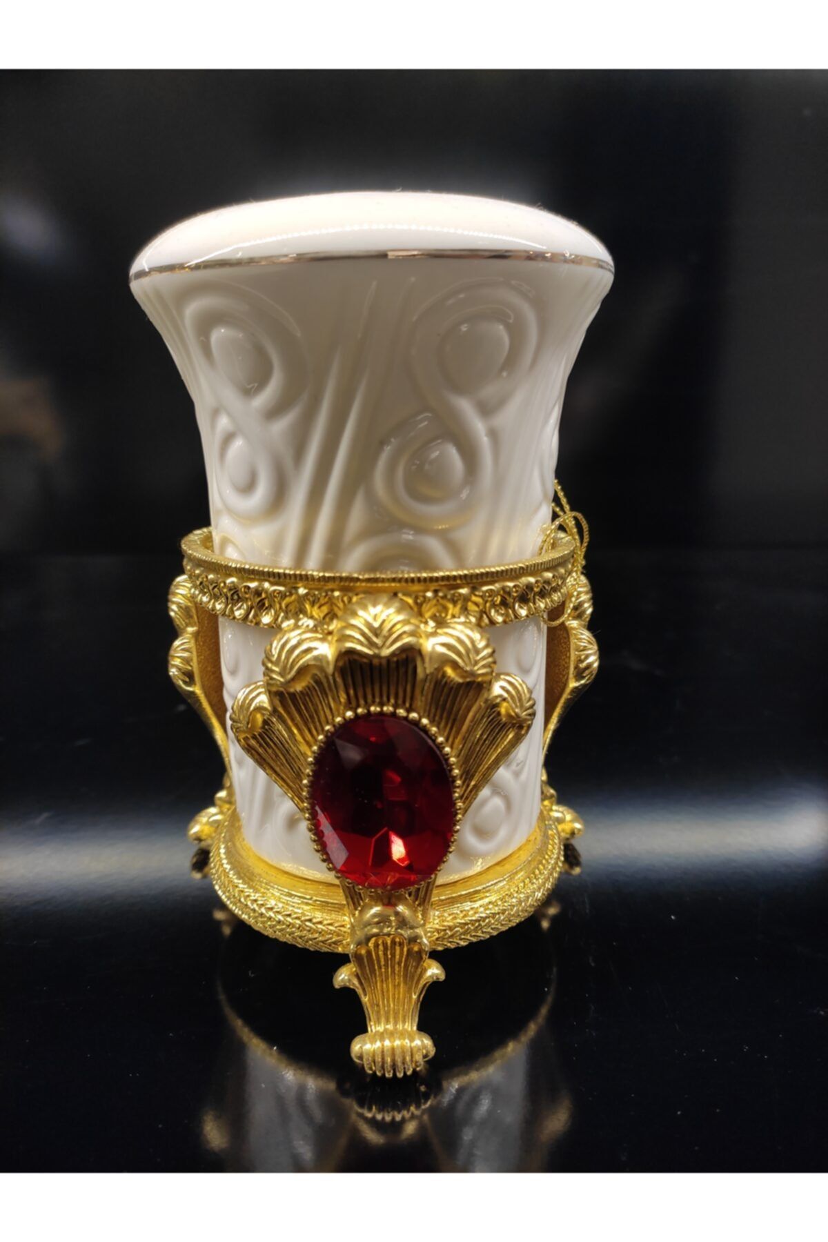 Cemile Vintage Gold Taşlı Porselen Pirinç Fırçalık 13x8.5 Cm