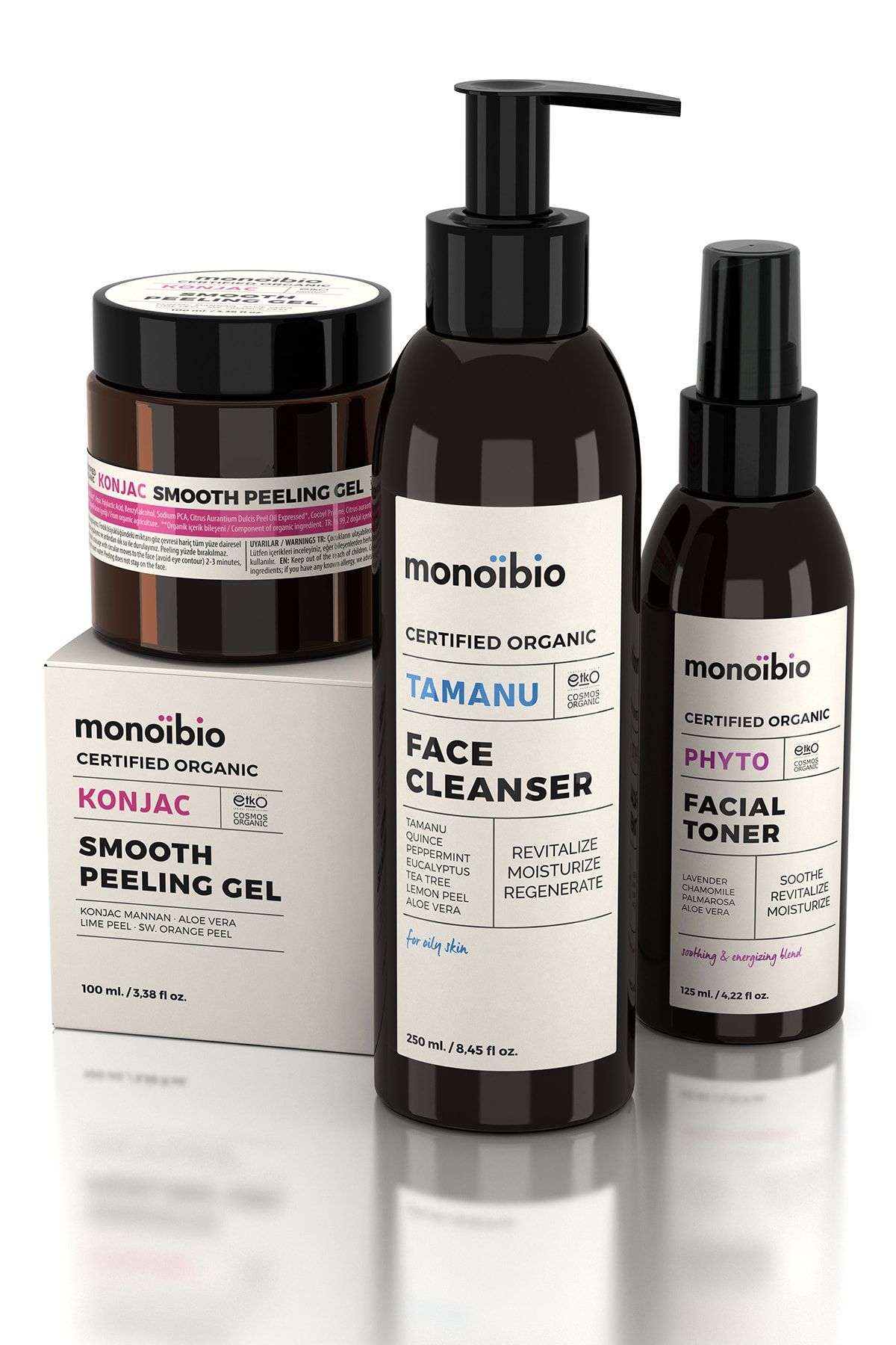 Monoibio Purify - Cosmos Organik Sertifikalı Cilt Bakım Seti - Yüz Temizleme Jeli - Peeling - Tonik