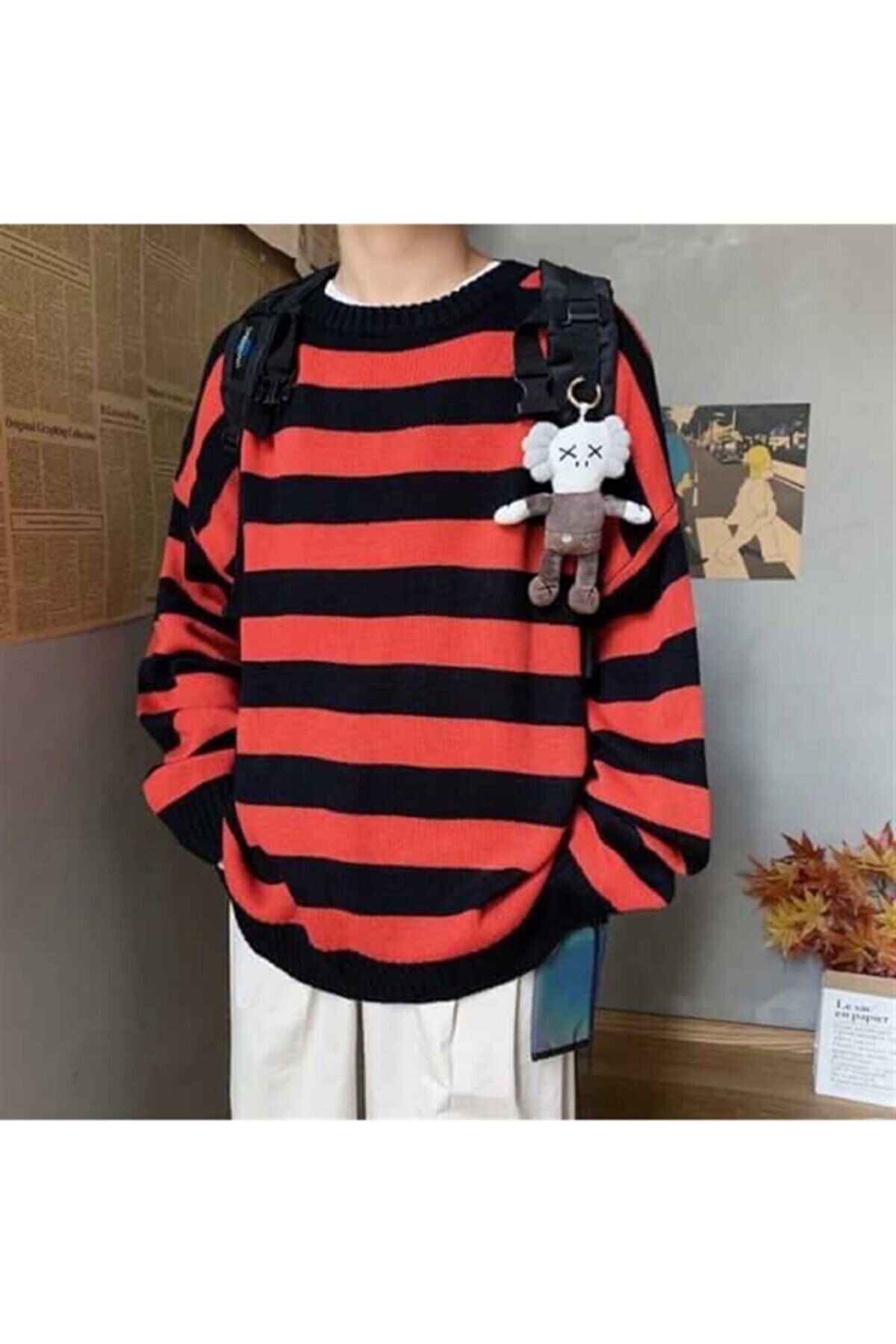 Köstebek Gofeel Streetwear Casual Kırmızı Siyah Oversize Triko Kazak