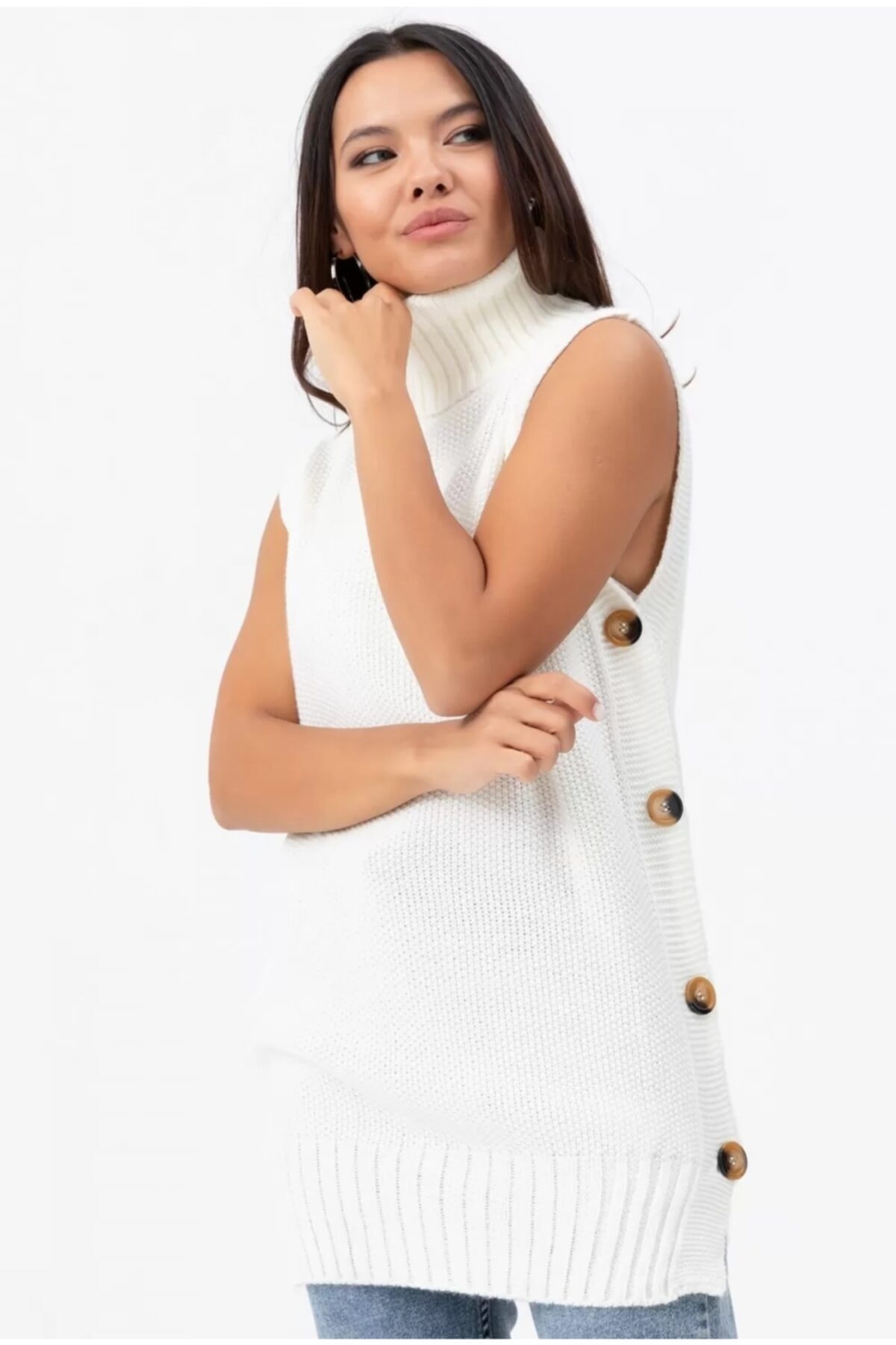 SİMSEKTEN Yandan Düğmeli Süveter Beyaz