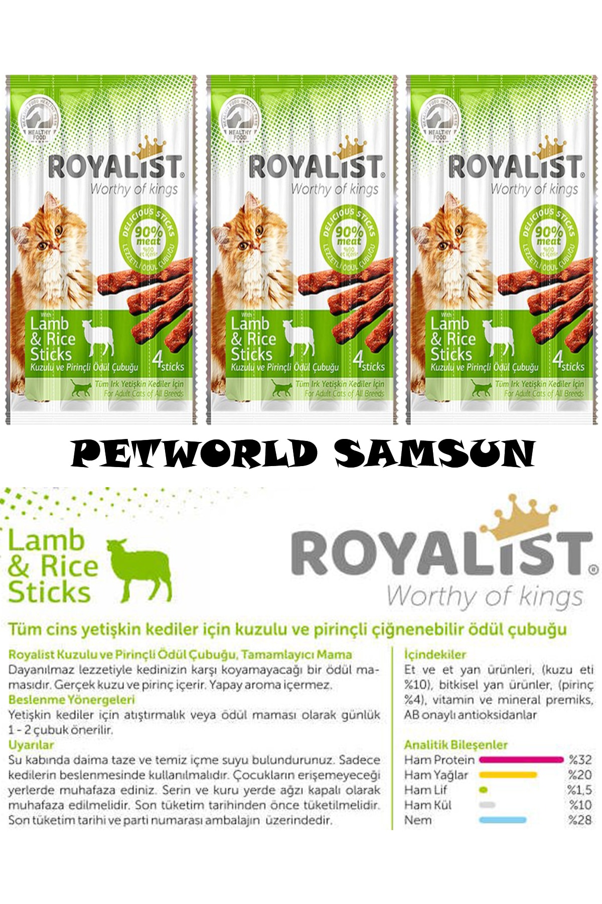 Royalist Sticks Kuzu Etli Ve Pirinçli Kedi Ödül Maması 3'lü Set