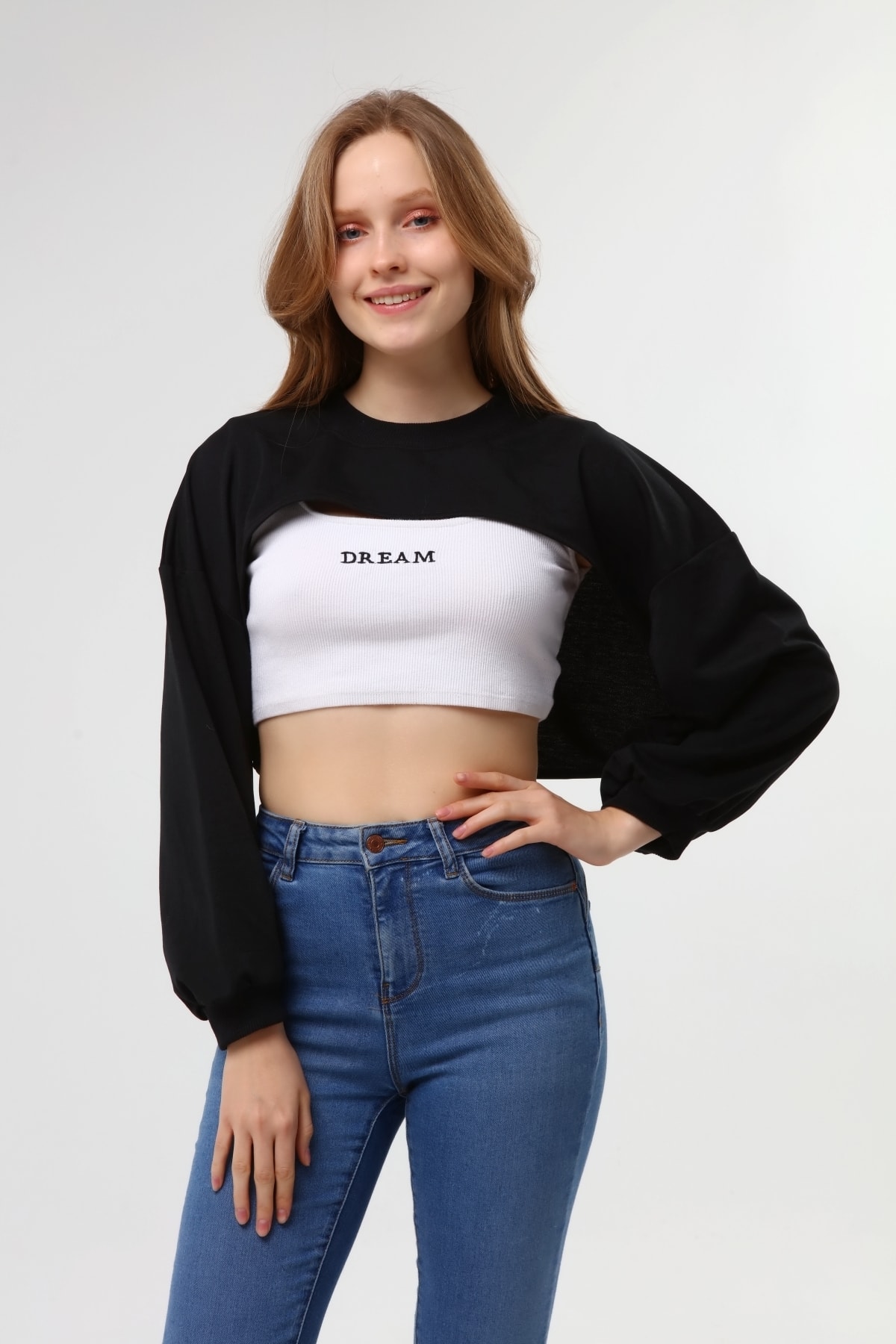caymax Siyah Süper Crop Ince Sweatshirt