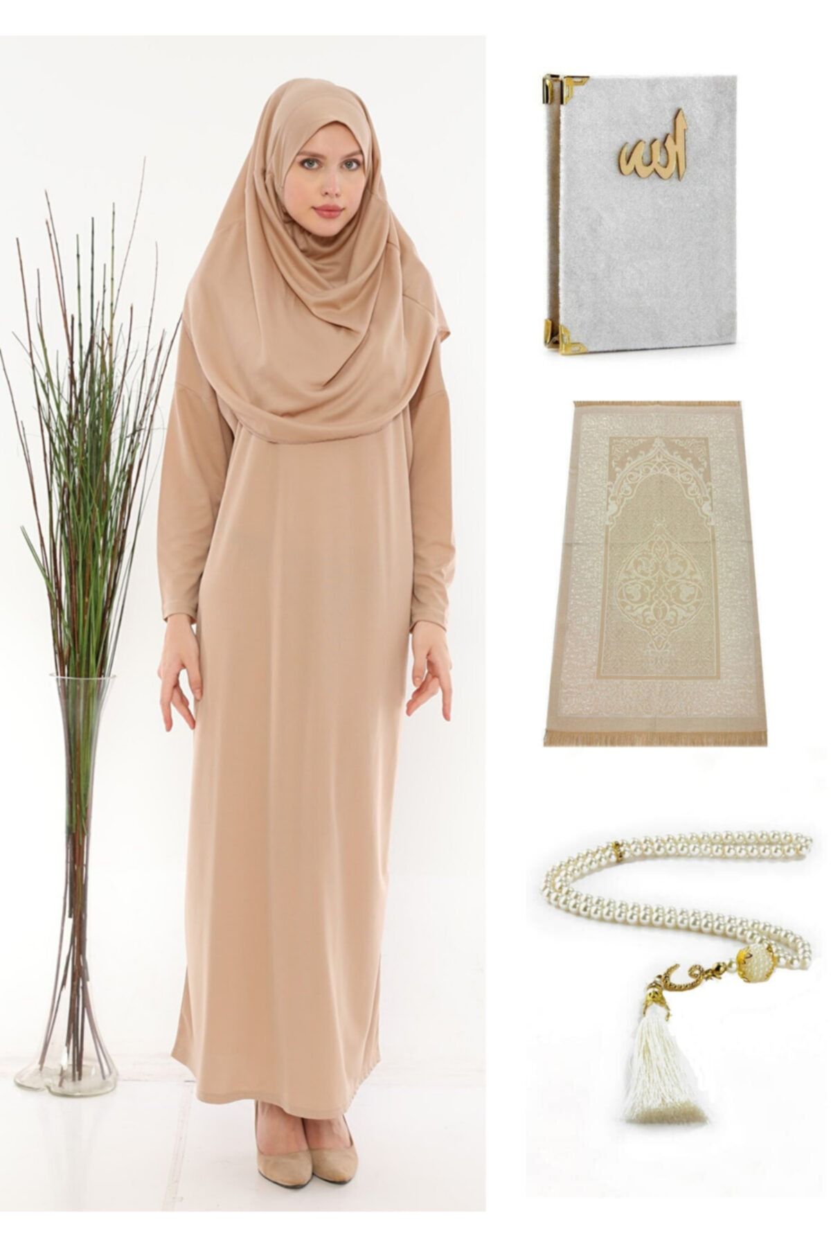 Feyza Fashion Boydan Giymeli Vizon Renk Namaz Elbisesi Tesbih- Yasin-i Şerif-seccade Seti