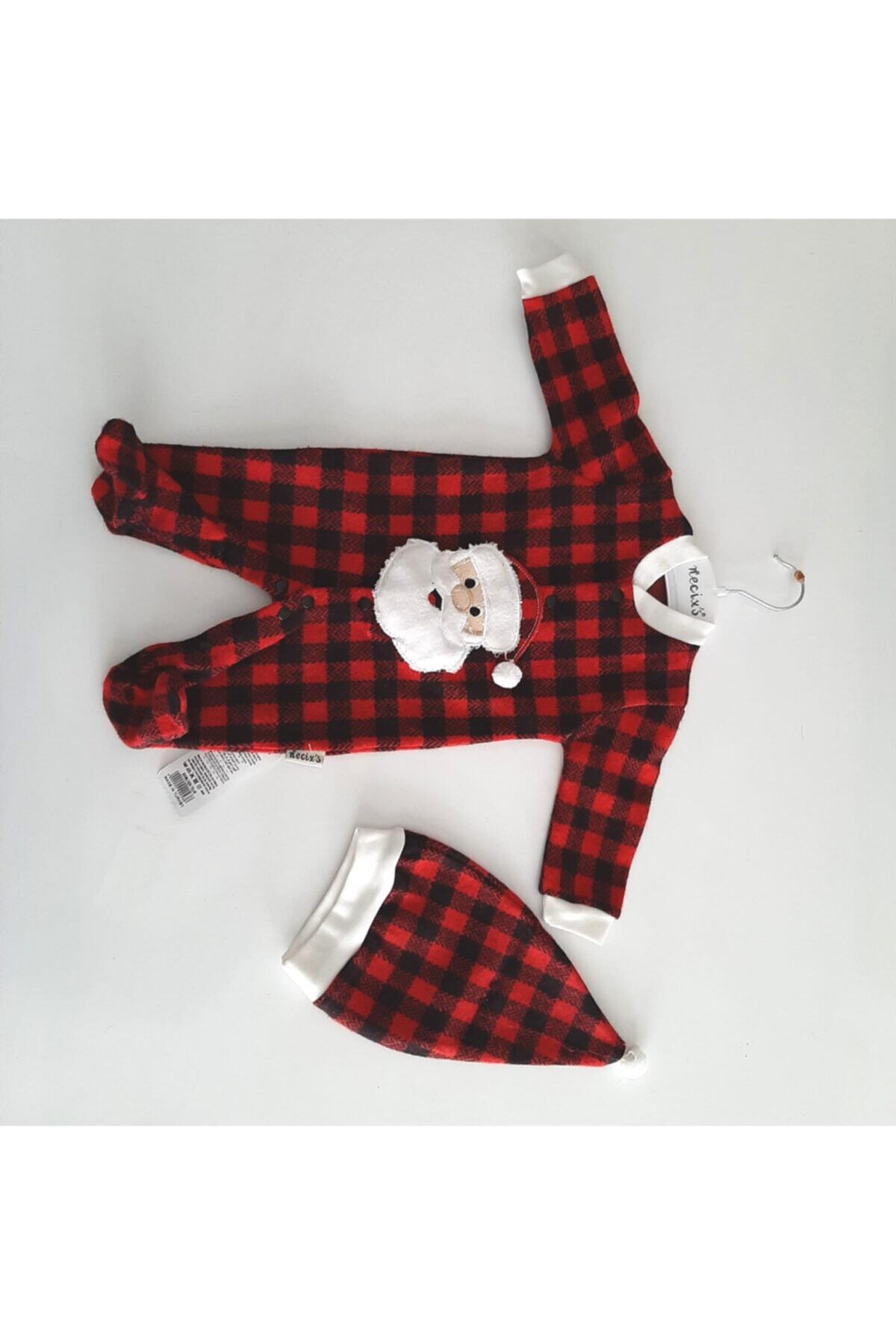 Veletto Bebek Ekoseli Noel Baba Işlemeli Yeni Yıl Tulum Şapka 2li Set 0-3 Aylık Unisex