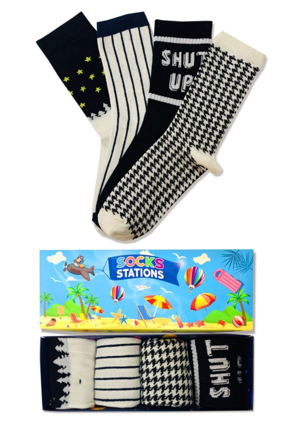 Socks Stations Unisex Renkli 8'li Uzay Astronot Nakışlı Renkli Çorap Kutusu
