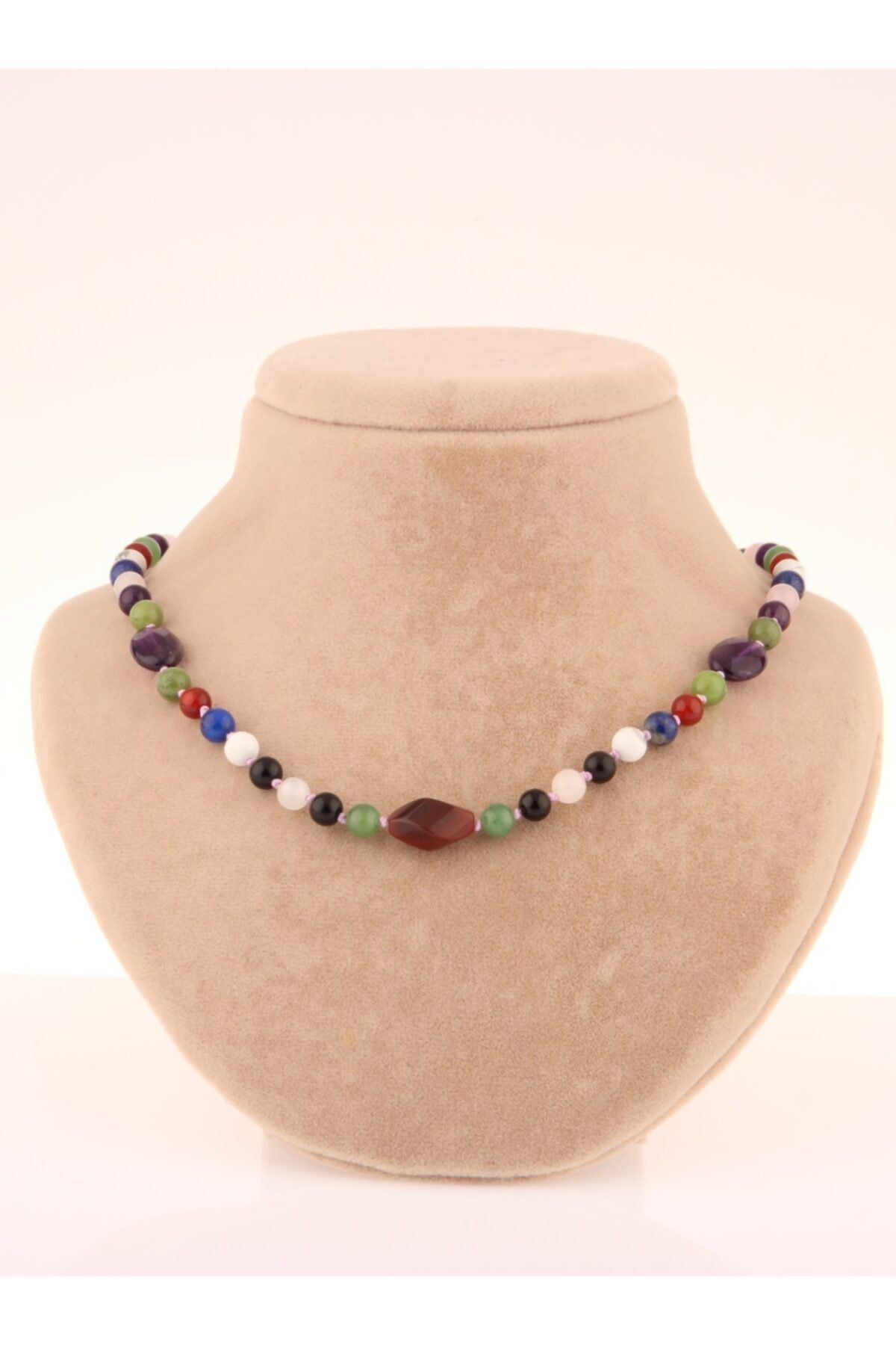 OSMANLI DOĞAL TAŞ Aventurin-Pembe Kuvars-Obsidyen-Lapis-Havlit-Yeşim-Ametist Kız Öğrenci Kolye