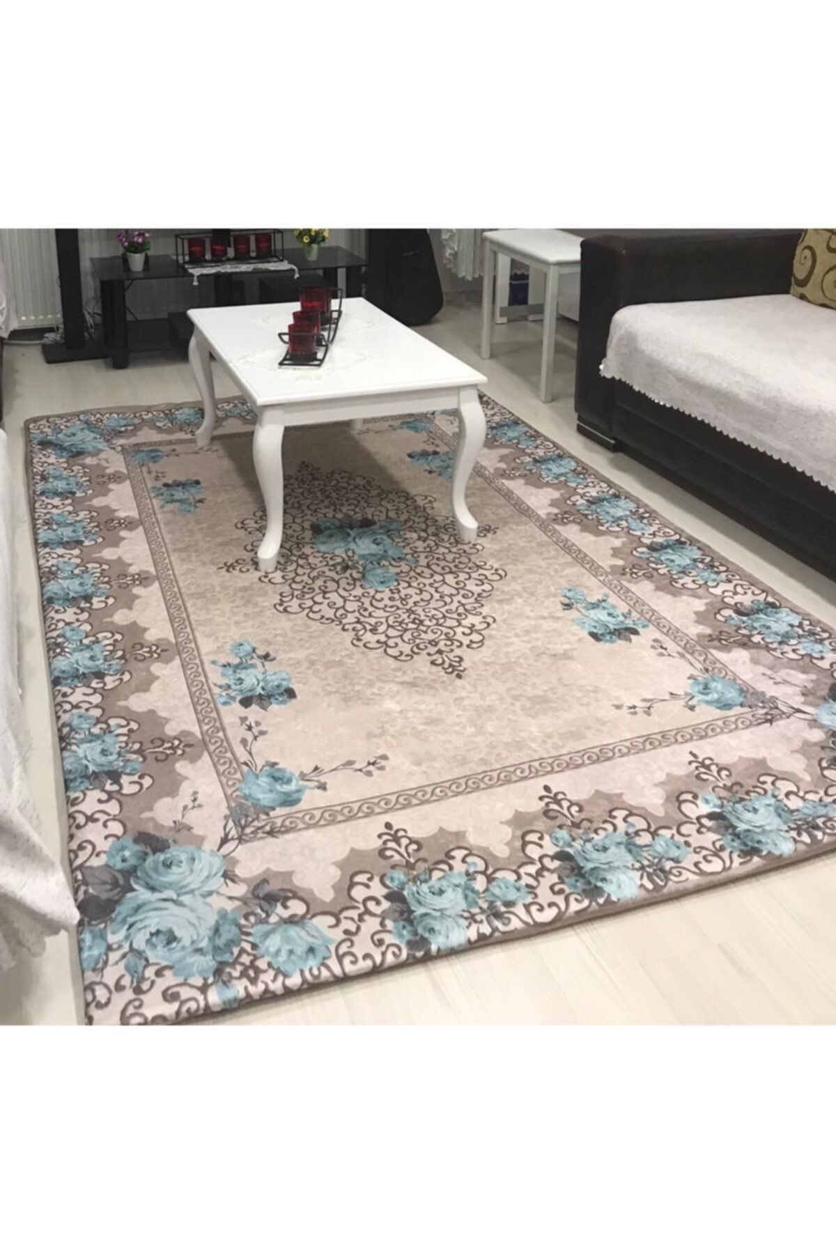 sabirehome Turkuaz Mavi Çiçek Desen Lastikli Süngerlı Halı Örtüsü 6 M² Kaymaz Kapıçıno Renk 200 X 300cm