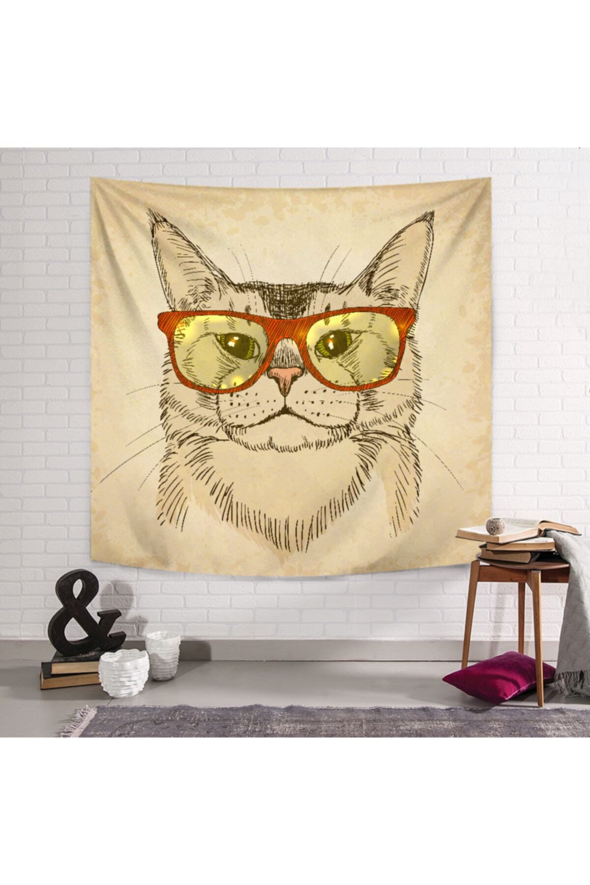 PASAJ HOME Led Gözlüklü Kedi Duvar Örtüsü