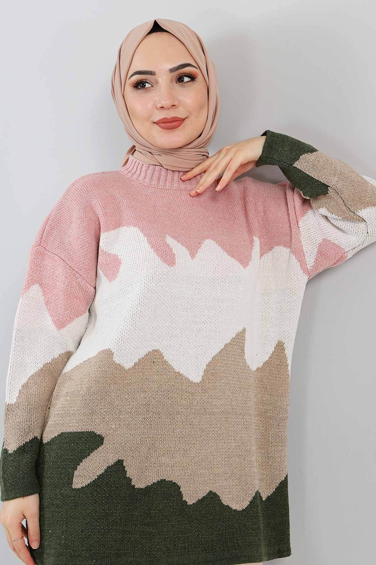 Tesettür Dünyası Dalga Desenli Kazak Tsd211232 Pudra