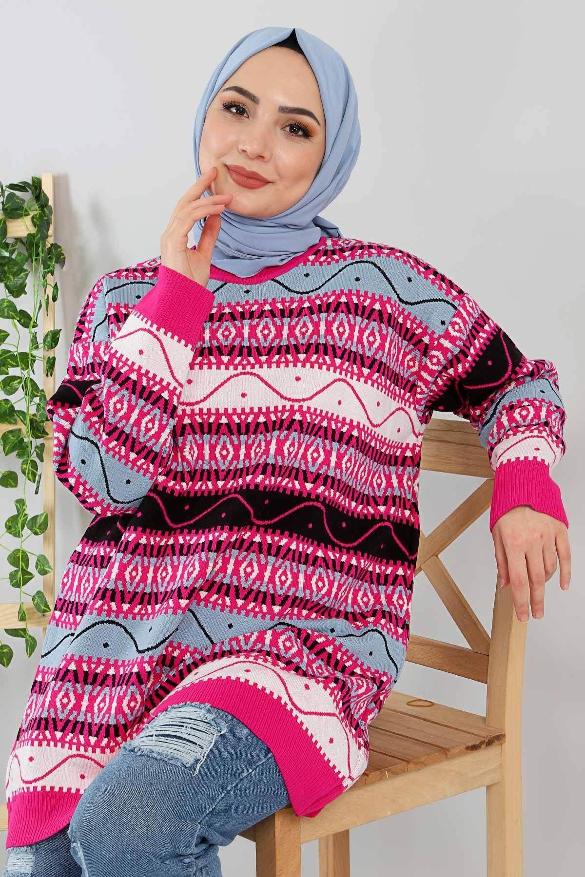 Tesettür Dünyası Etnik Desenli Kazak Tsd211231 Pembe