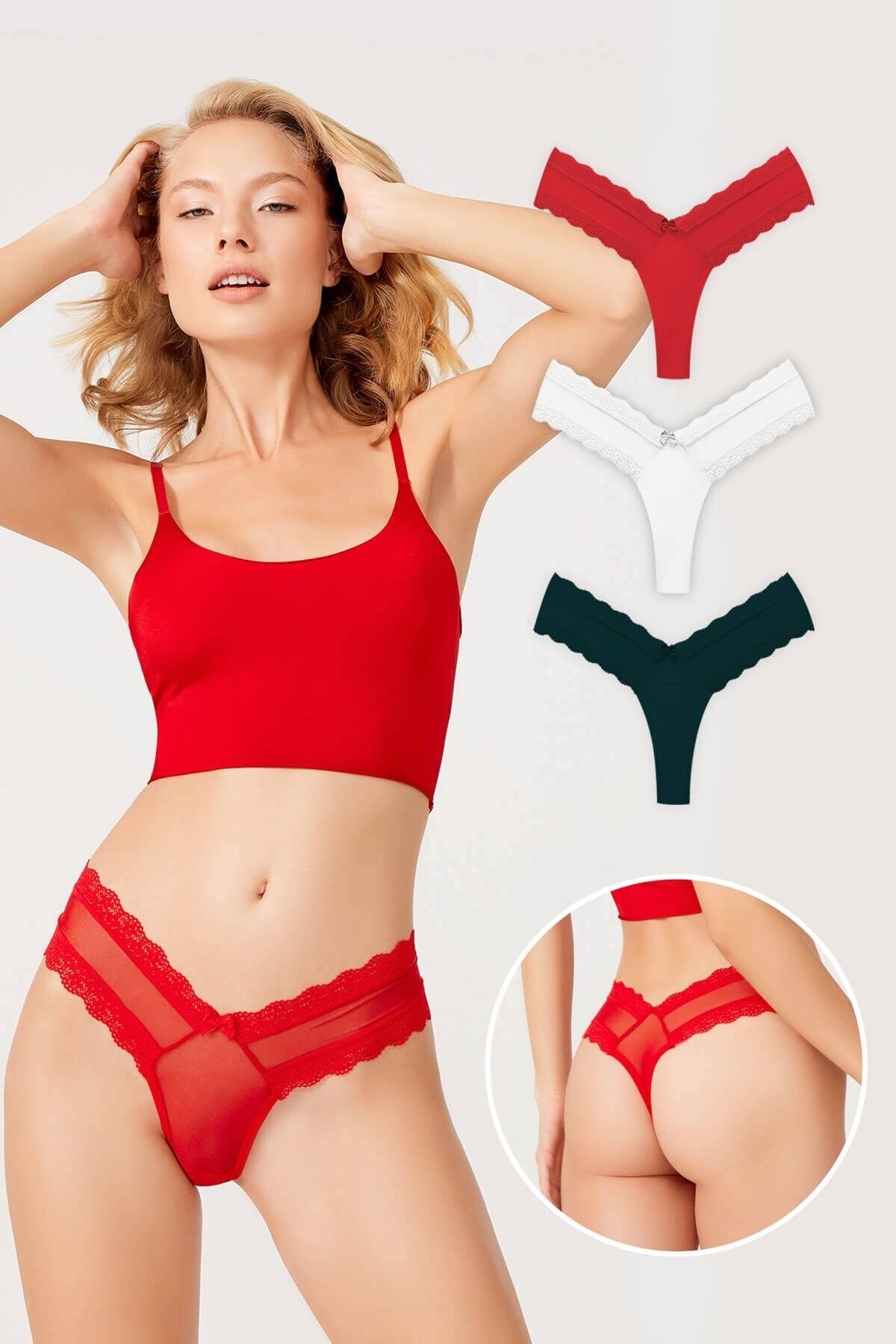 Cottonhill Transparan Tüllü Dantel Detaylı Kadın Tanga 3'lü Paket Külot - 3