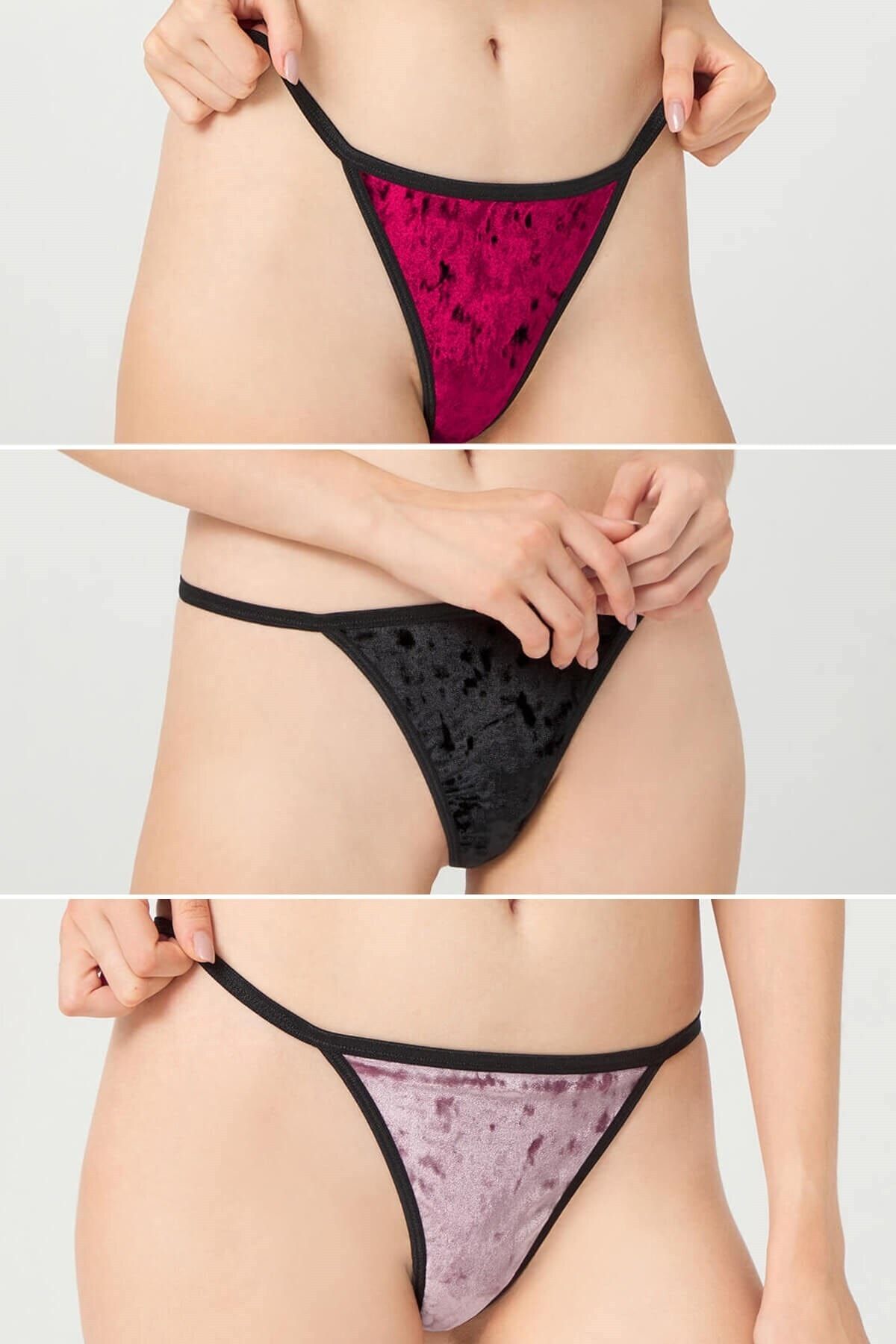 Cottonhill Basic Kadife Kadın String 3'lü Paketli Külot