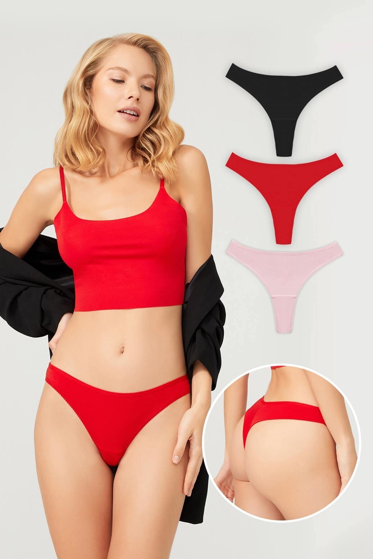 Cottonhill Basic Pamuklu Dantel Detaylı Kadın Tanga 3'lü Paket Külot - 5