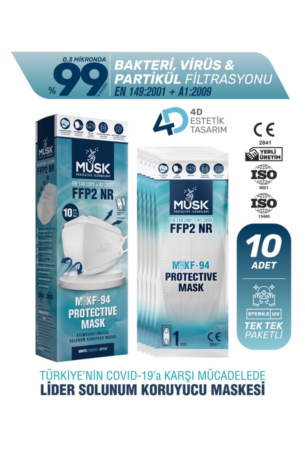 Musk Kf94 Kore Tipi N95 Maske Beyaz Renk 10 Adet