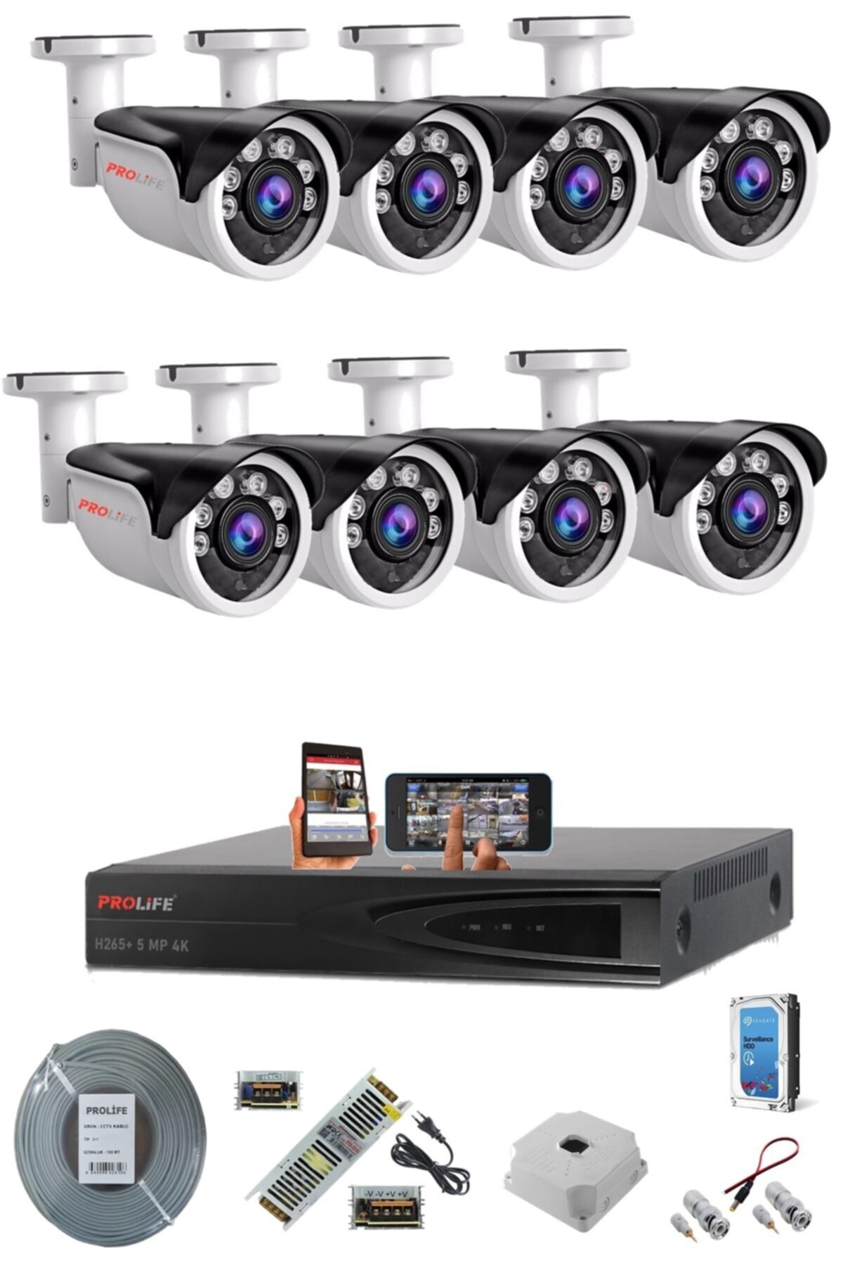 PROLİFE 8 Kameralı Yeni Nesil 2021 Profesyonel 5 Mp Ultra Hd Gece Görüşlü Güvenlik Sistemi Seti