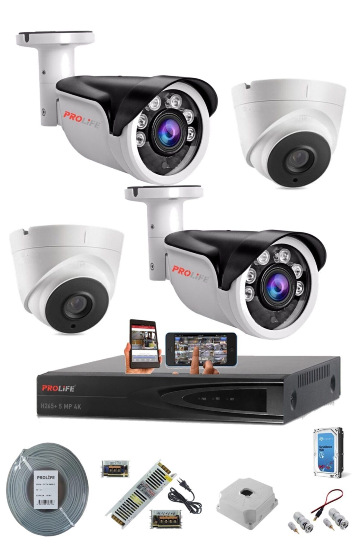 PROLİFE 4 Kameralı 5 Mp Hd Lens 1080p Full Hd Ev Iş Yeri Kuruluma Hazır 2 Iç 2 Dış Güvenlik Kamerası Seti