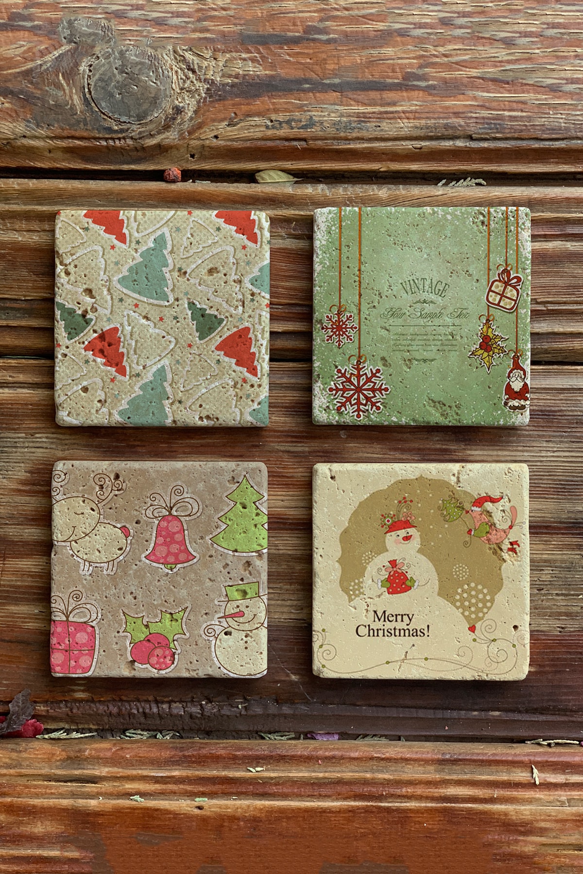 Oscar Stone Decor Yeni Yıl Yılbaşı Baskılı Doğal Taş Bardak Altlığı 4'lü Set Tile - Coaster Set