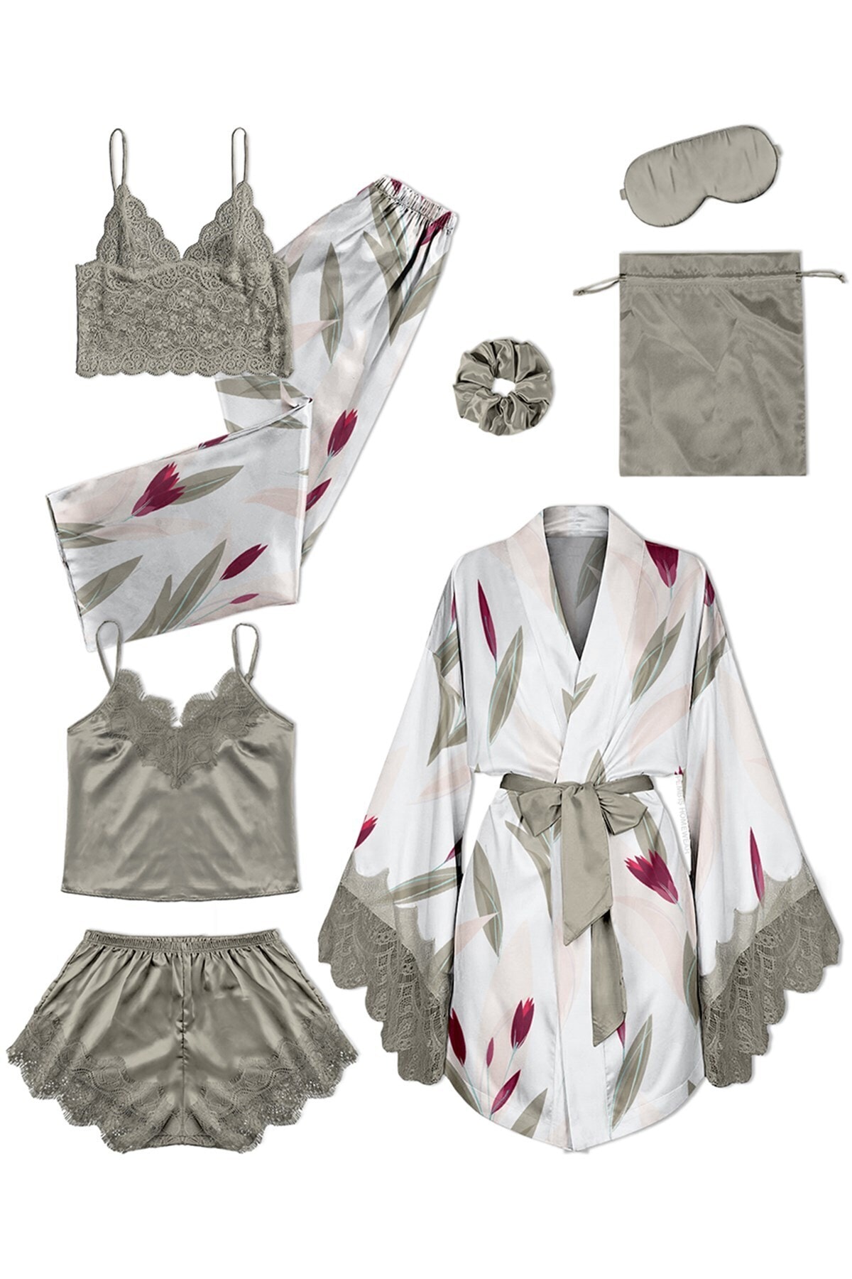 Pembishomewear Flower Unman Karma4 8 Li Saten Gecelik Takımı