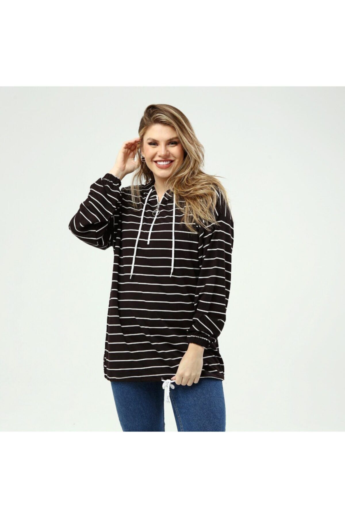 T Guel Kadın Kapşonlu Çizgili Sweatshirt