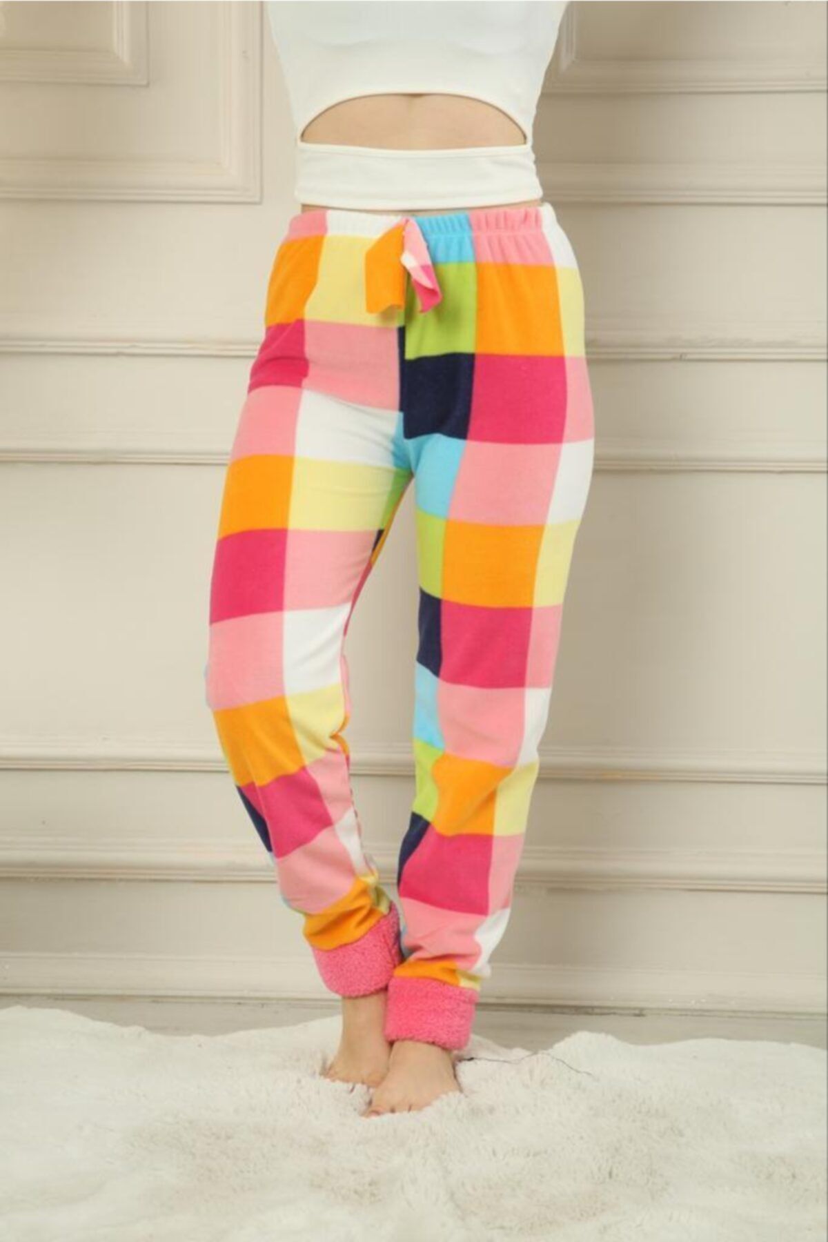 Yc Onlinewear Renkli Kareli Paçası Manşetli Polar Pijama Altı