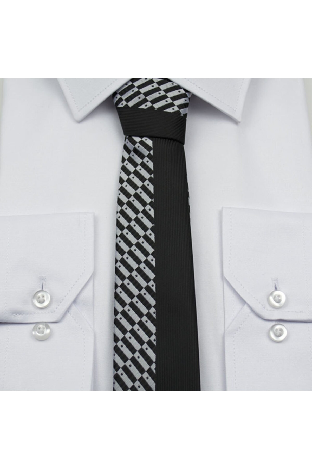 Gaffy Siyah Beyaz Desenli İnce Kravat 4