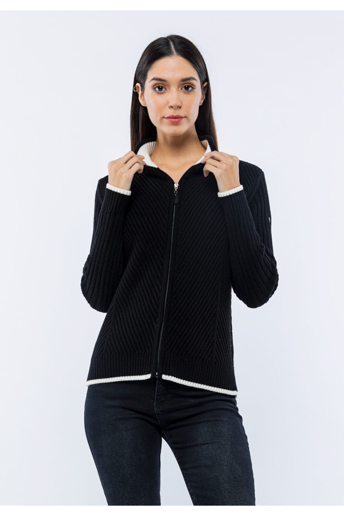 Felix Hardy Kadın, Regular Fit, Siyah, Dik Yakalı, Balık Sırtı Desenli, Akrilik - Yün, Kışlı