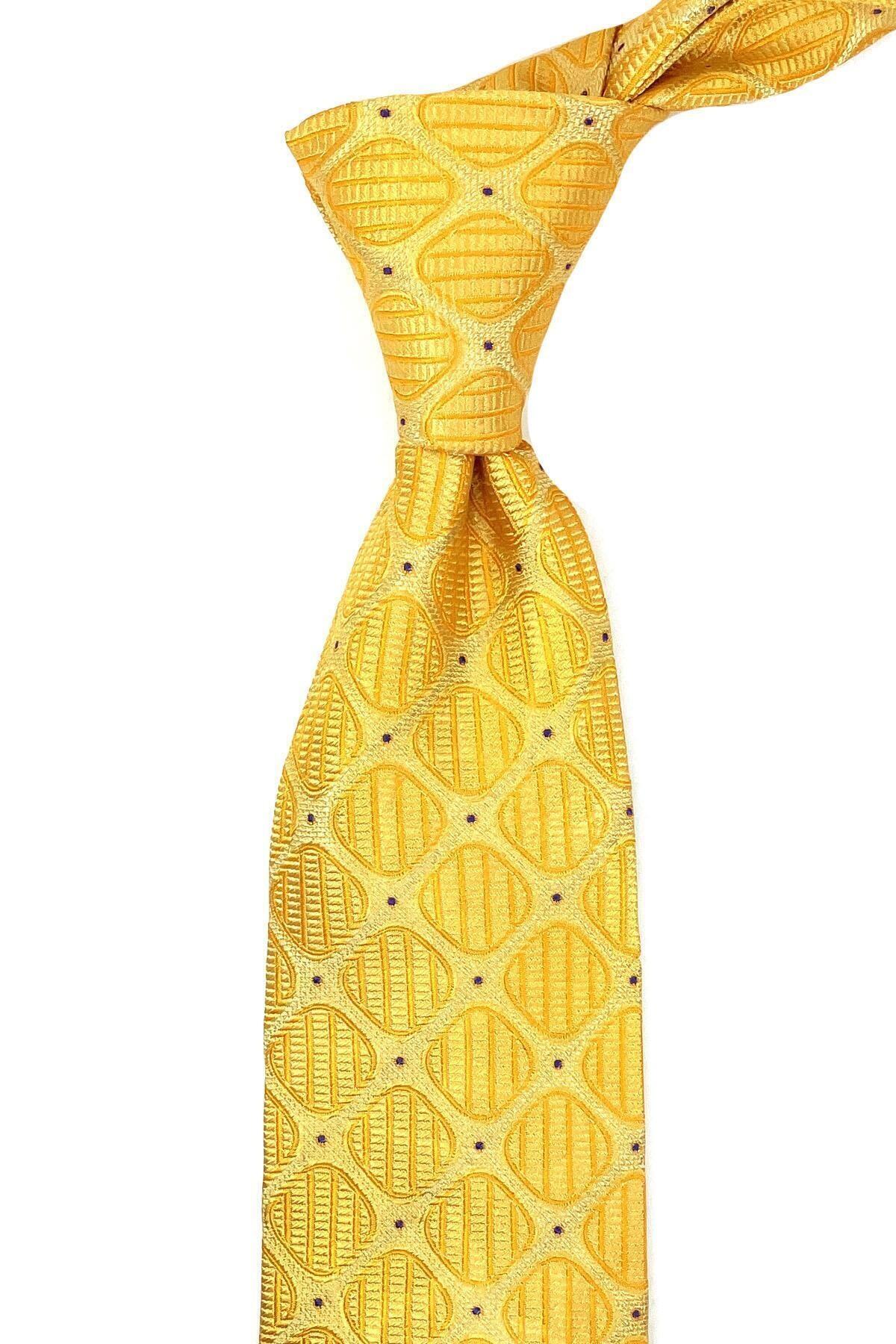 Kravatkolik Melili Style Sarı Kendinden Desen Italyan Ipek Kravat Ik1056