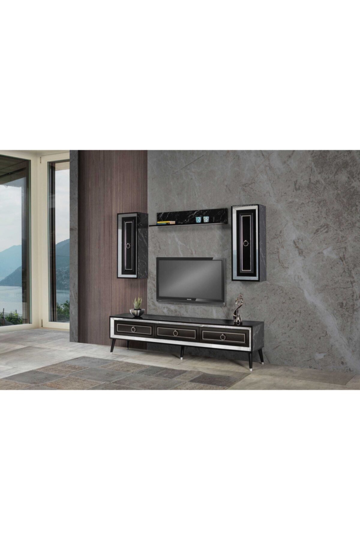 Rs Dizayn Siyah Gümüş Tv Ünitesi