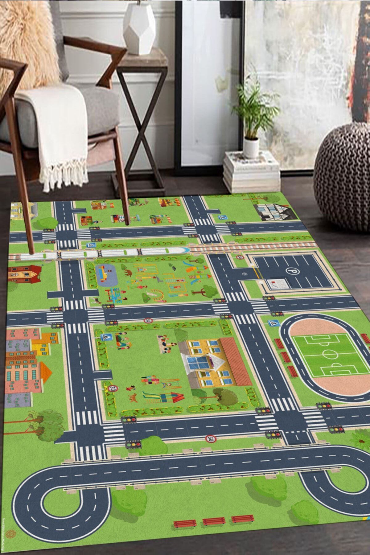 Elegand Store Yeşil - Lacivert Yol Desenli Çocuk Halısı (makinada Yıkanabilir Kaymaz Taban)