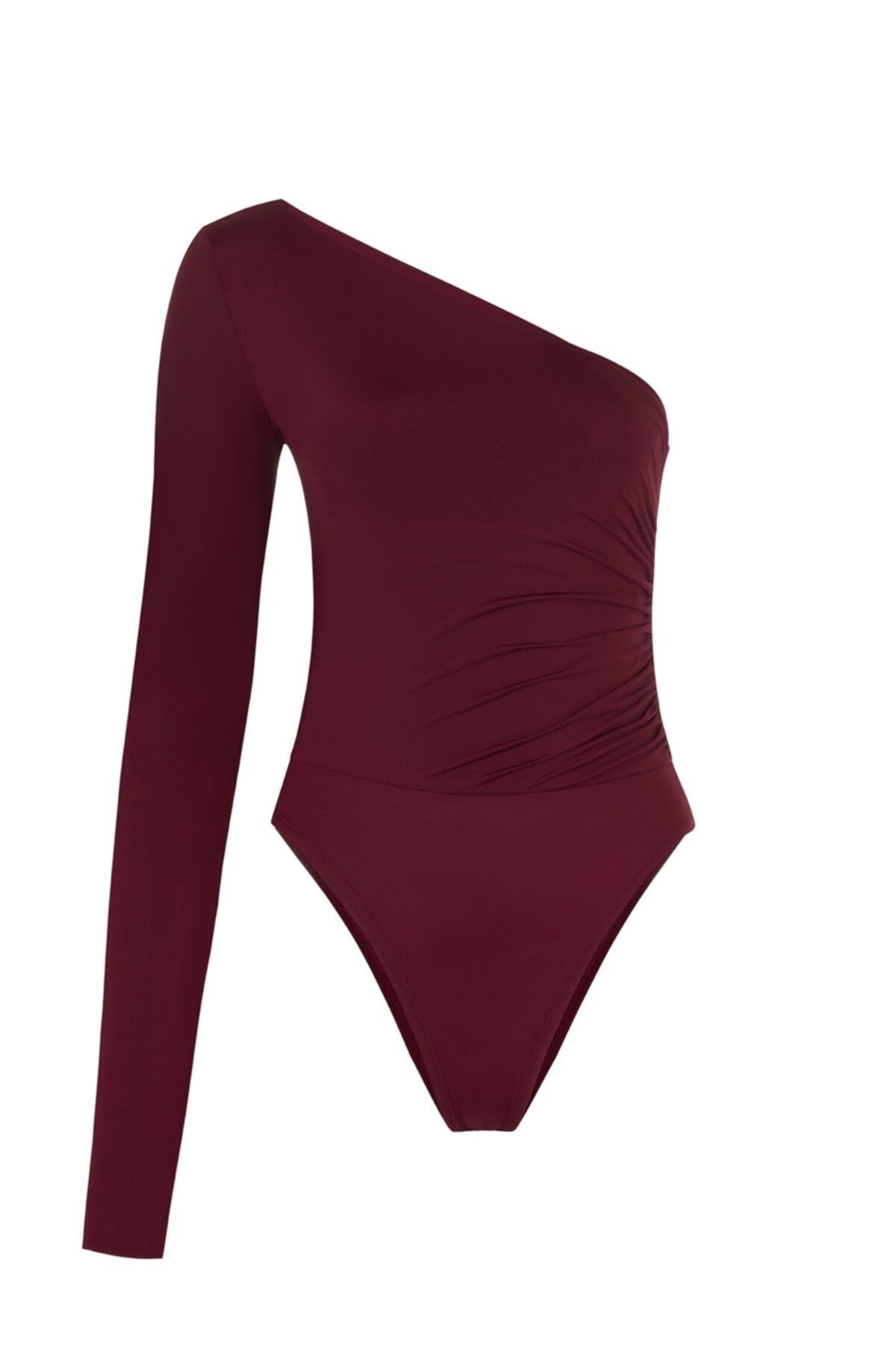 AQUELLA Asimetrik Büzgülü Bordo Bodysuit