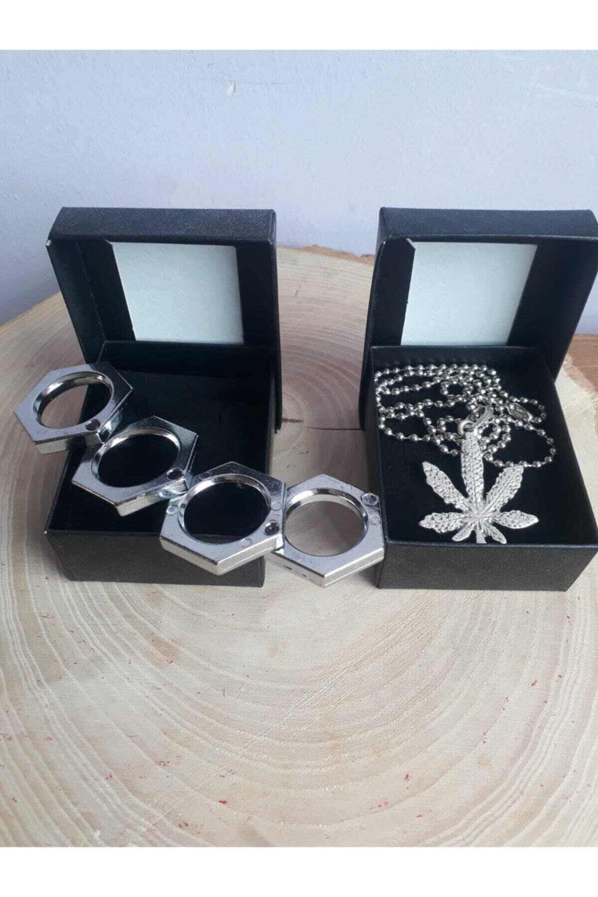 alsepeteavm Katlanabilir Muşta Görünümlü Aksesuar Çelik Yüzük Kolye Seti