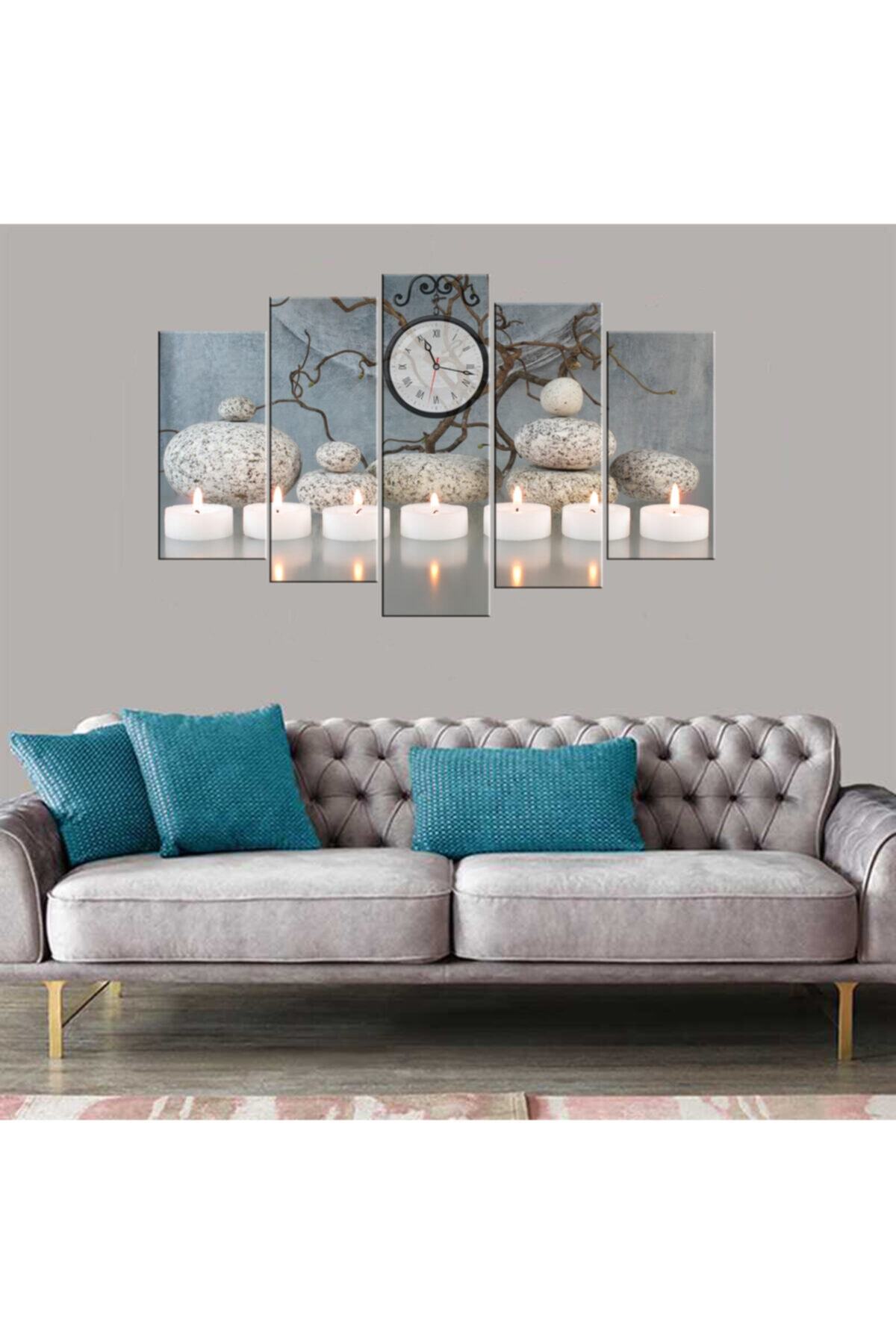 sihirliodalar Beyaz Mumlar 5 Parçalı Mdf Tablo Saat