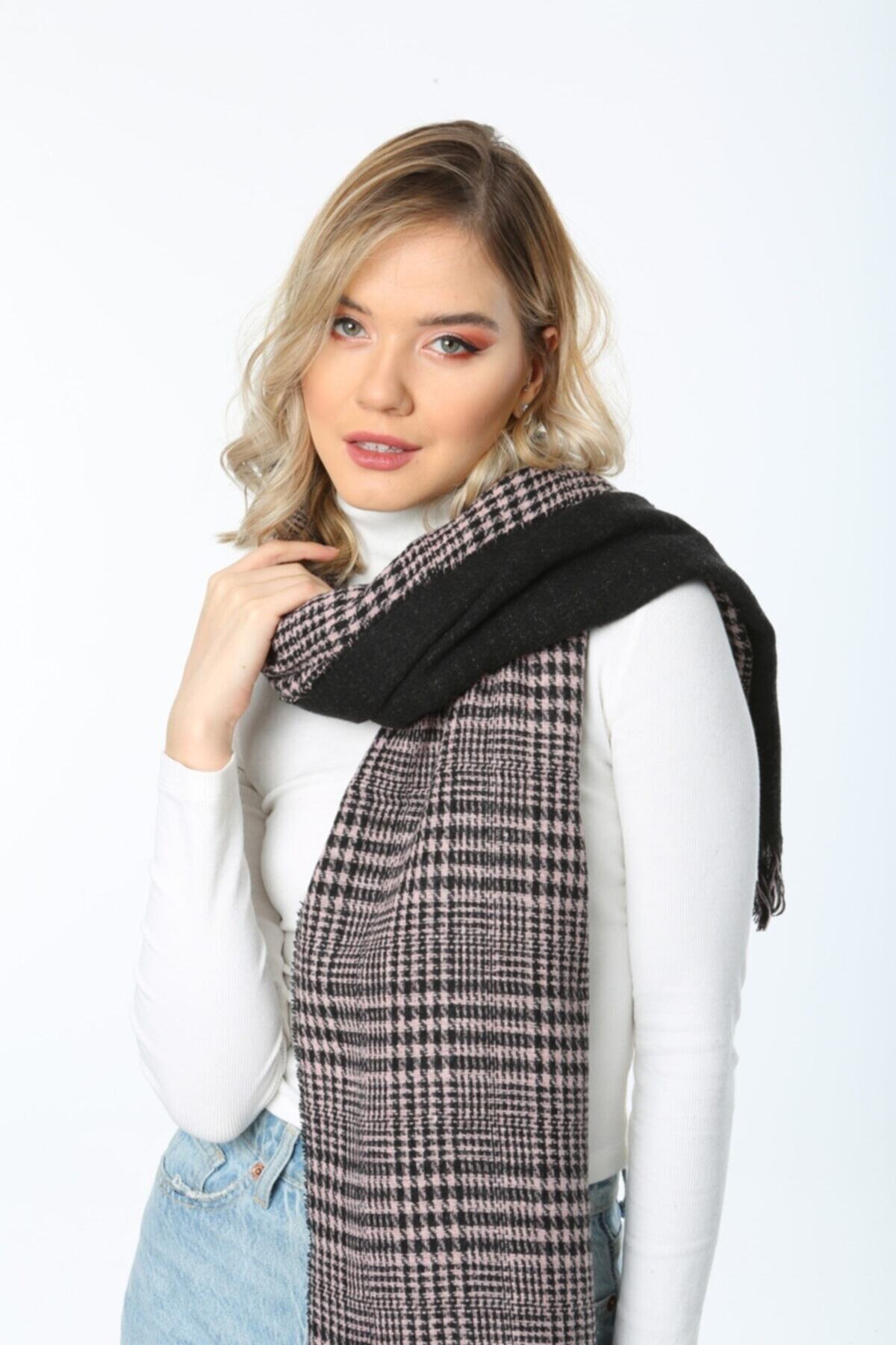 Luminos Butik Kadın Kazayağı Desenli Çift Taraflı Pudra Şal Lmns1237