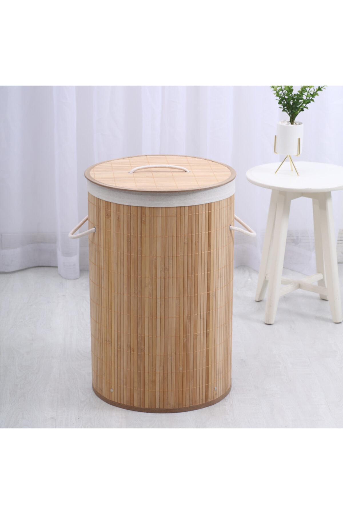 Sia Bambu Kapaklı Çamaşır Sepeti El Yapımı Natural 35x35x60cm
