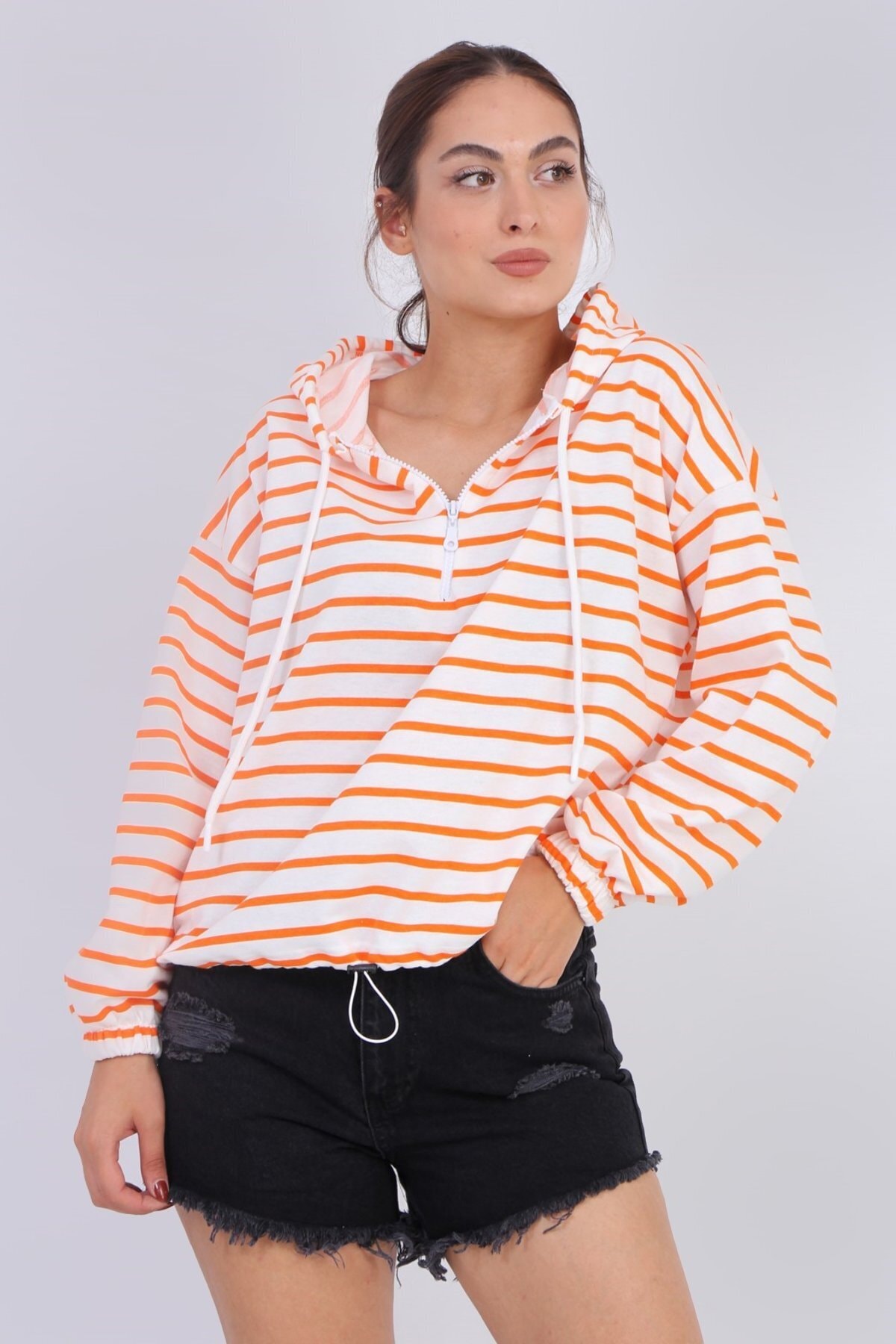 MODACAN Çizgili Yarım Fermuarlı Sweat