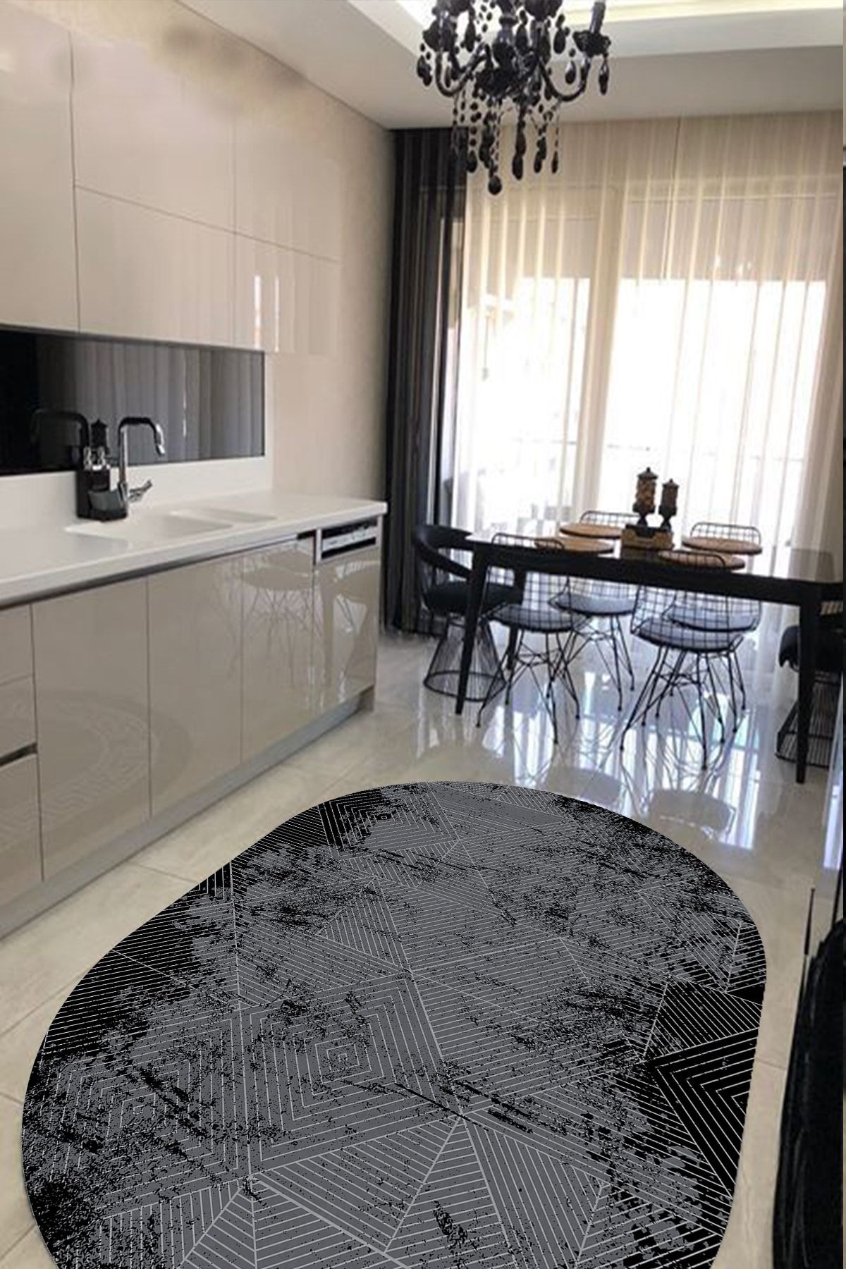 Decomia Home Dijital Baskılı Kaymaz Taban Yıkanabilir Geometrik Des.siyahlı, Antrasit Oval Halı Yolluk-d1185