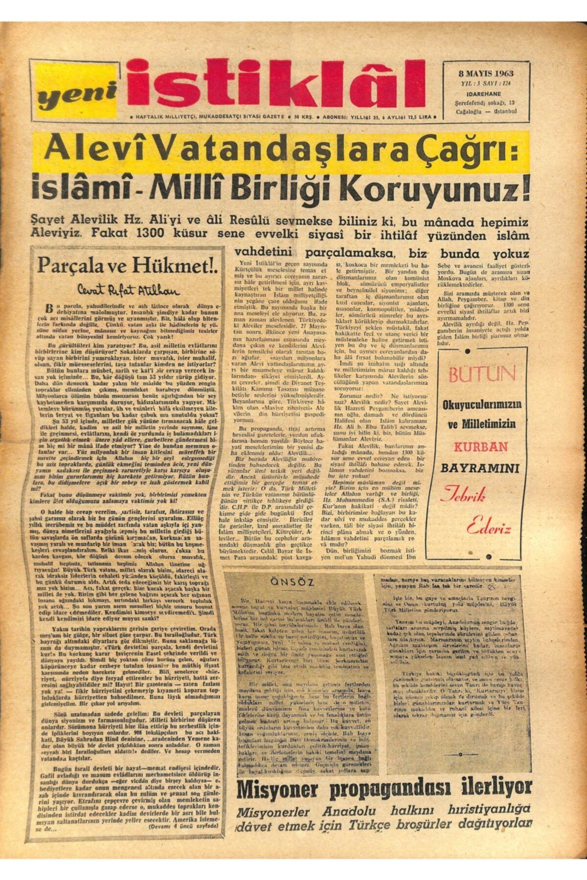 Gökçe Koleksiyon Yeni Istiklal Gazetesi 8 Mayıs 1963 Alevi Vatandaşlara Çağrı Islami Birliği Koruyunuz