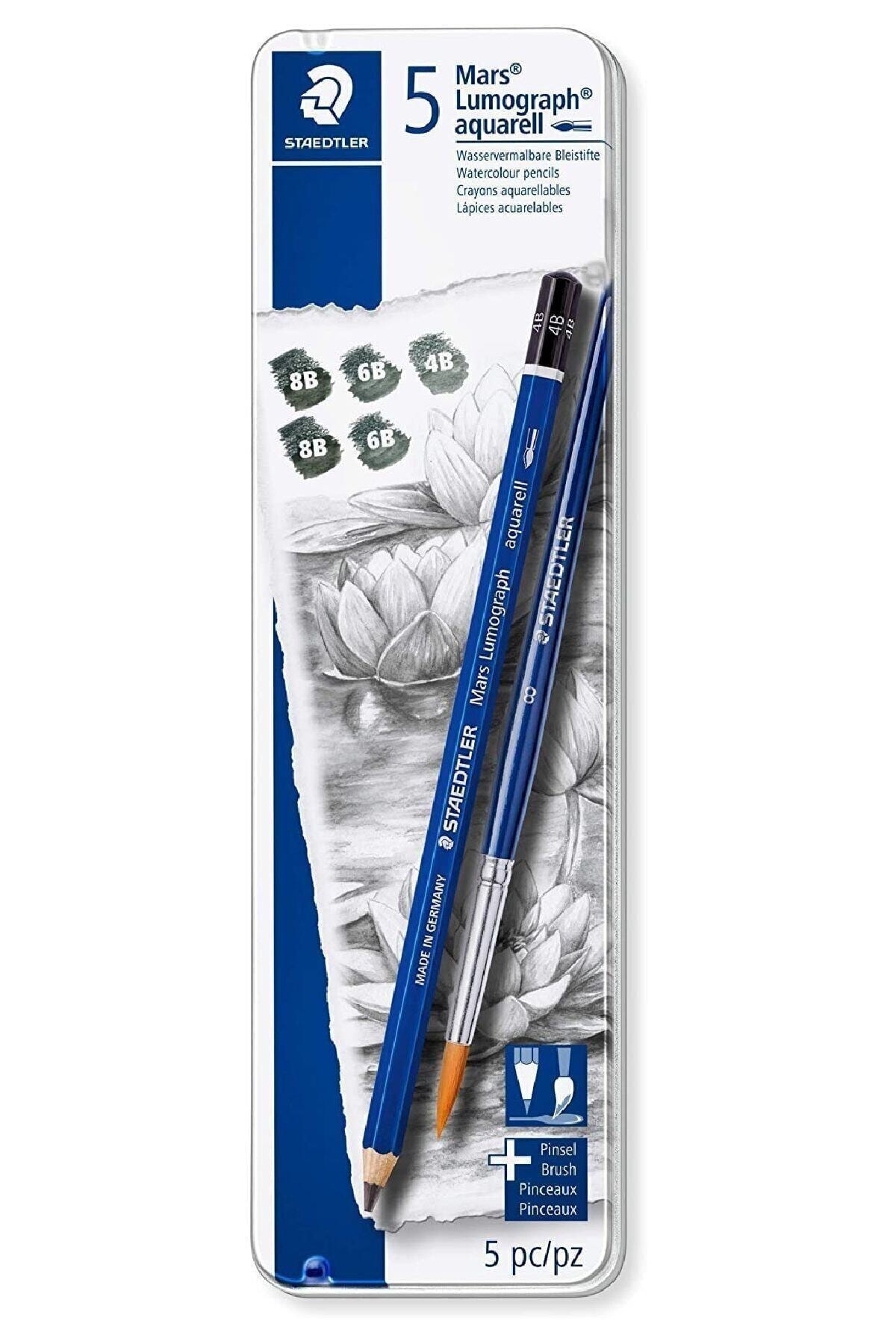 Staedtler 100a G6 Mars Lumograph Aquarell Kurşun Kalem Fırça 5 Li Set
