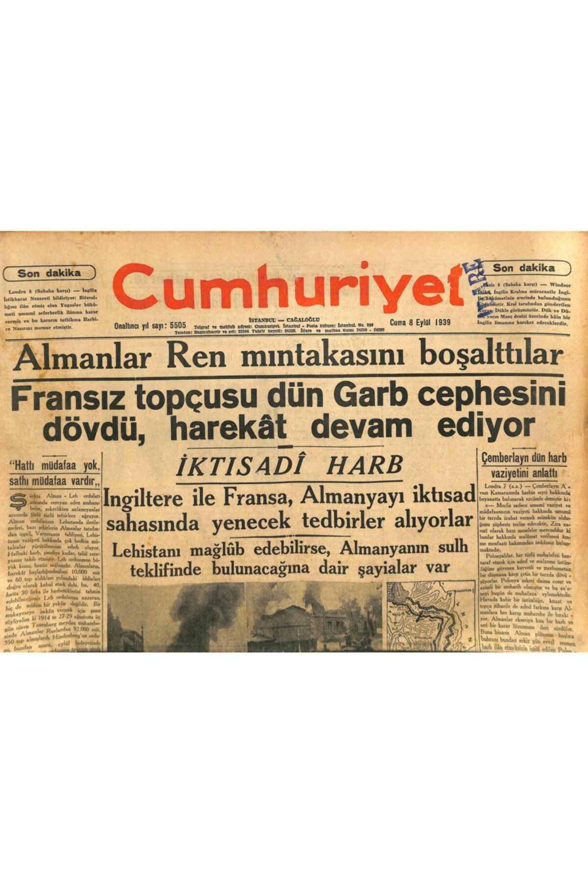 Gökçe Koleksiyon Cumhuriyet Gazetesi 8 Eylül 1939 - Fransız Topçusu Dün Garb Cephesini Dövdü , Harekat Devam Ediyor