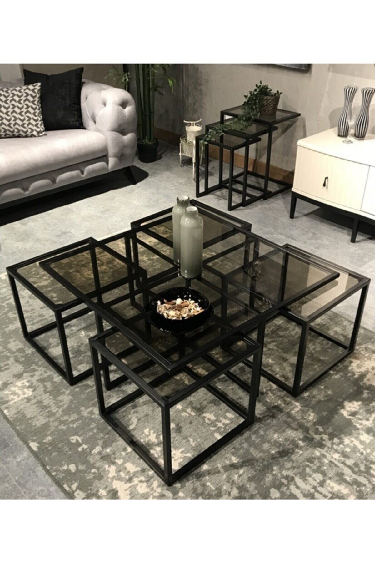 Velve Home Kante 4 1 Siyah Camlı Metal Orta Sehpa