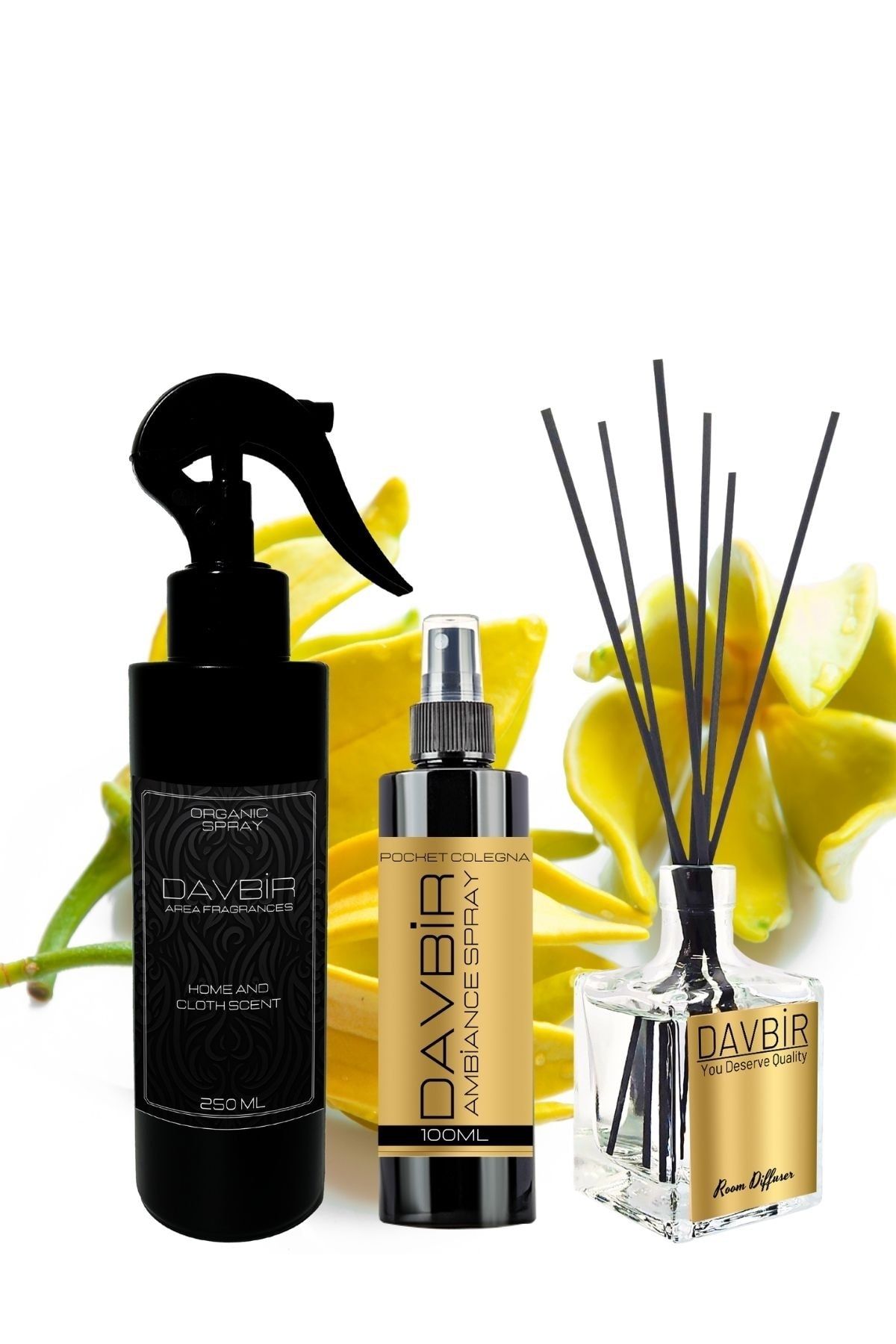 Davbir Ylang Ylang Oda Parfümü 3’lü Set 250ml Oda Ve Kumaş Spreyi, 50 Ml Bambu Oda Kokusu, 100 Ml Kolonya