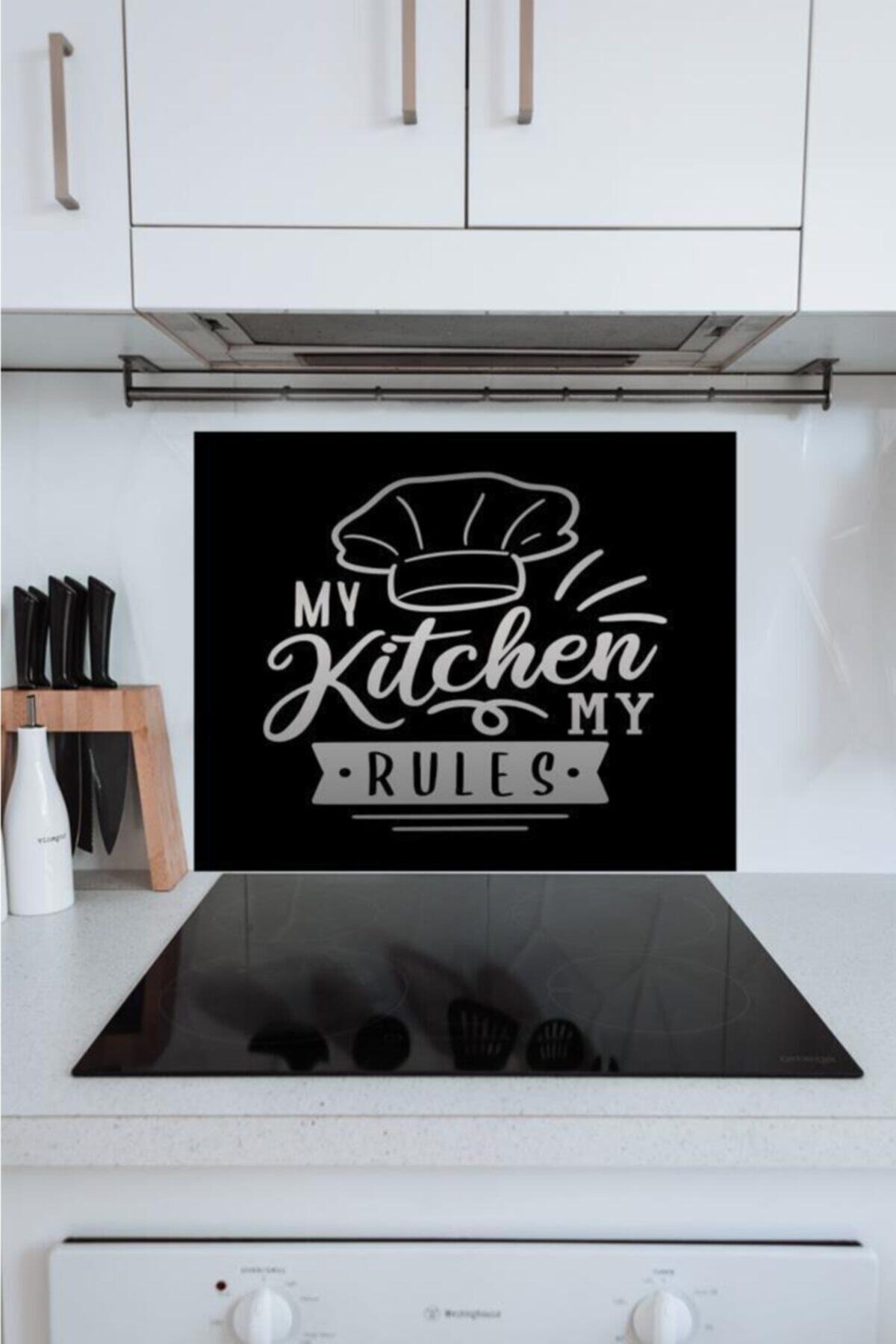 Saban 50x60 Cm My Kitchen Siyah Şapka Desenli Cam Ocak Arkası Koruyucusu