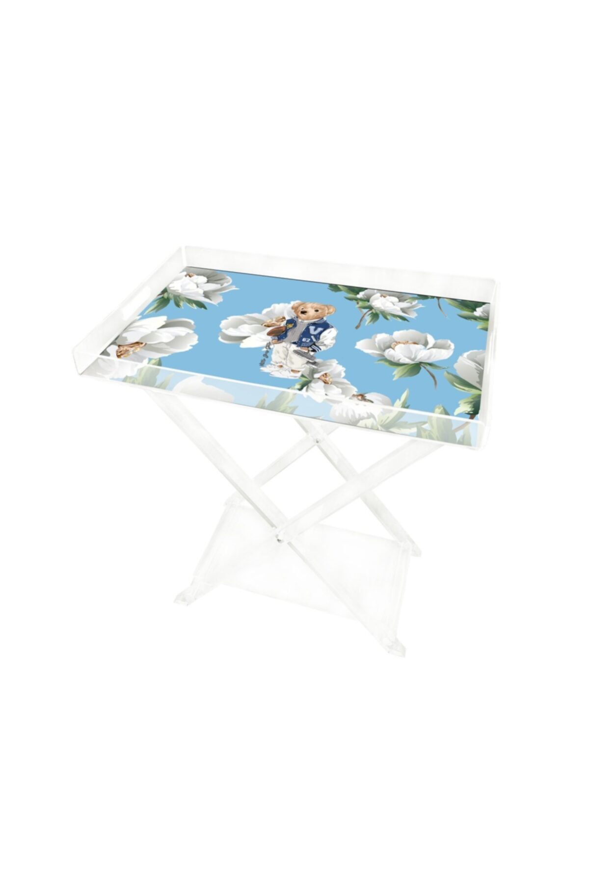 VİTELLİ Beyaz Manolya Teddy Bear 60x40 Pleksi Sehpa
