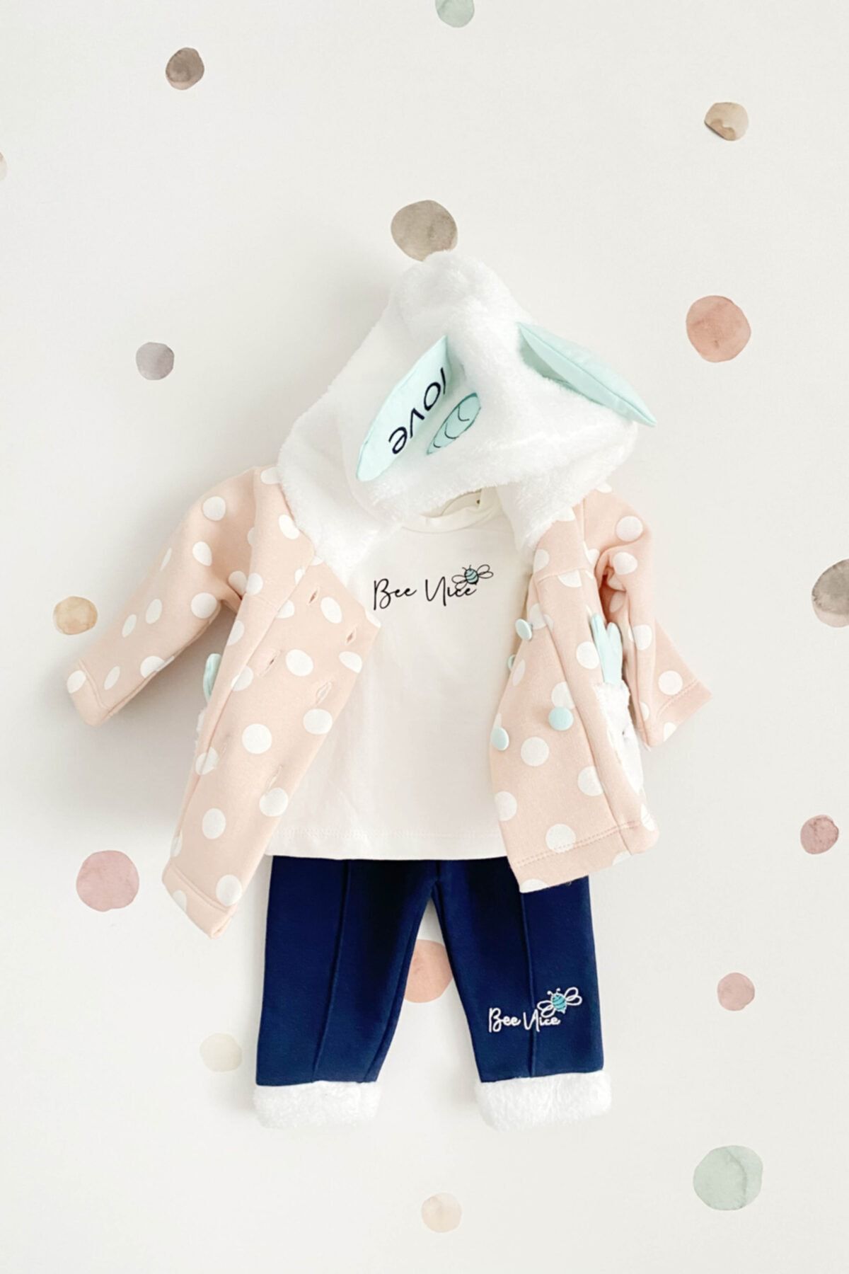 Jikko Baby Tavşan Kapüşonlu Puantiyeli 3lü Takım