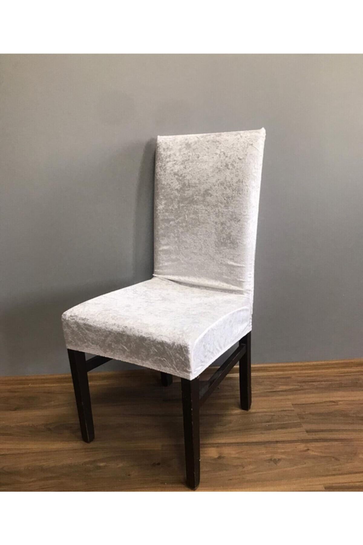 sabirehome Ekru Renk En Boy Esnek Kolayca Takılan Standart Kadife Sandalye Kılıfı 6 Adet Takım Örtü