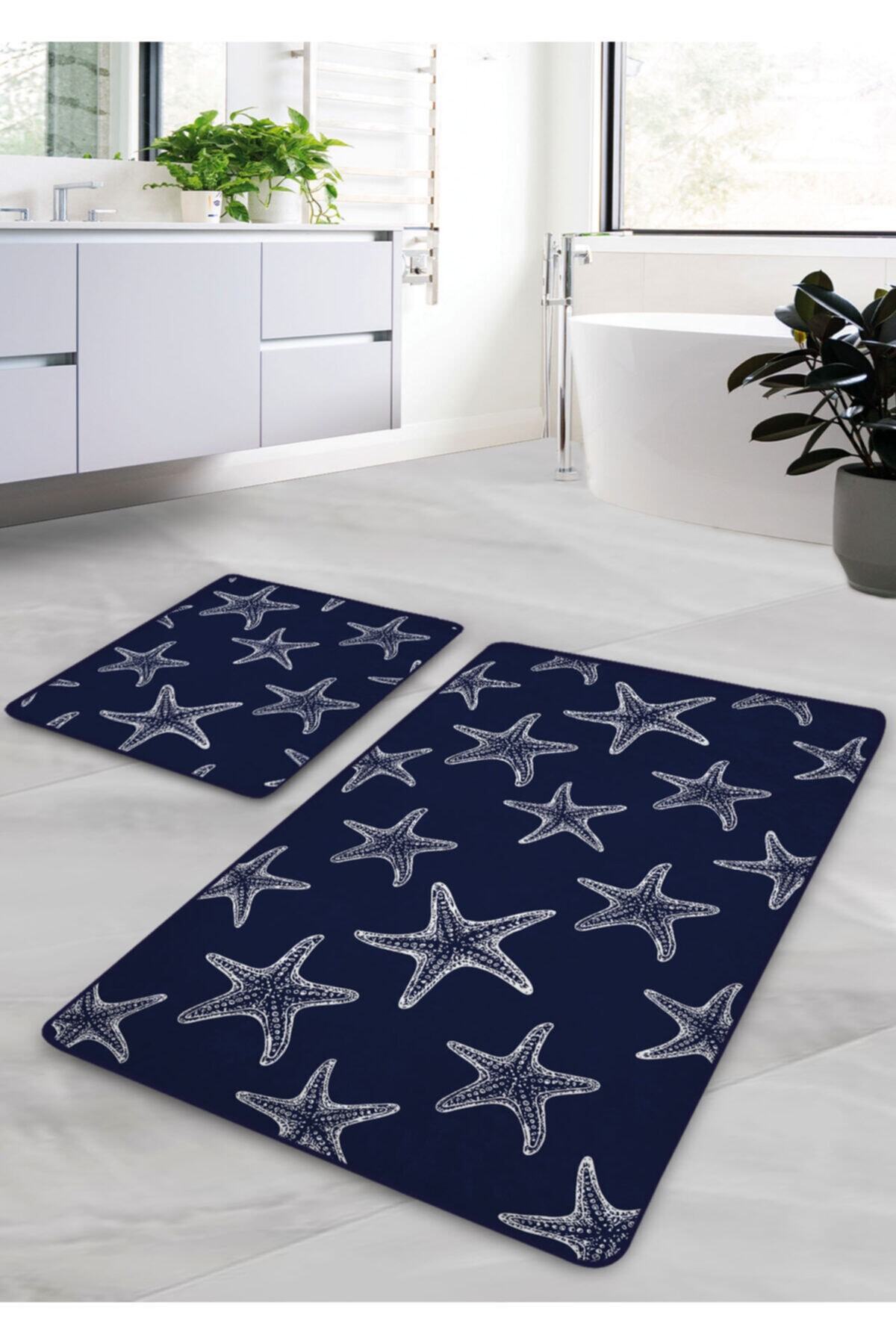 Pilloveland Kaymaz Taban Yıkanabilir 2’li Banyo Paspası - Marine Deniz Yıldızı Desenli 60*100 Cm - 50*60 Cm