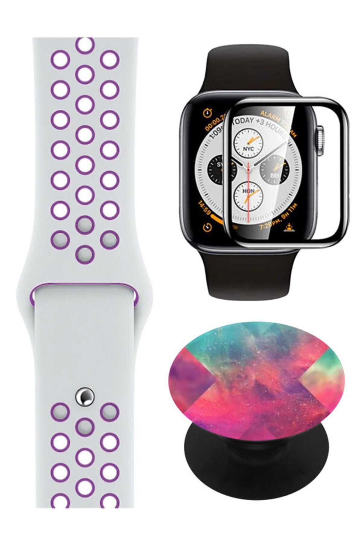 Apple Watch Serisi 1 2 3 4 5 6 7 Se 38 40 41 Mm Silikon Kordon No5 Beyaz Mor + Ppma Nano Ekran Koruyucu